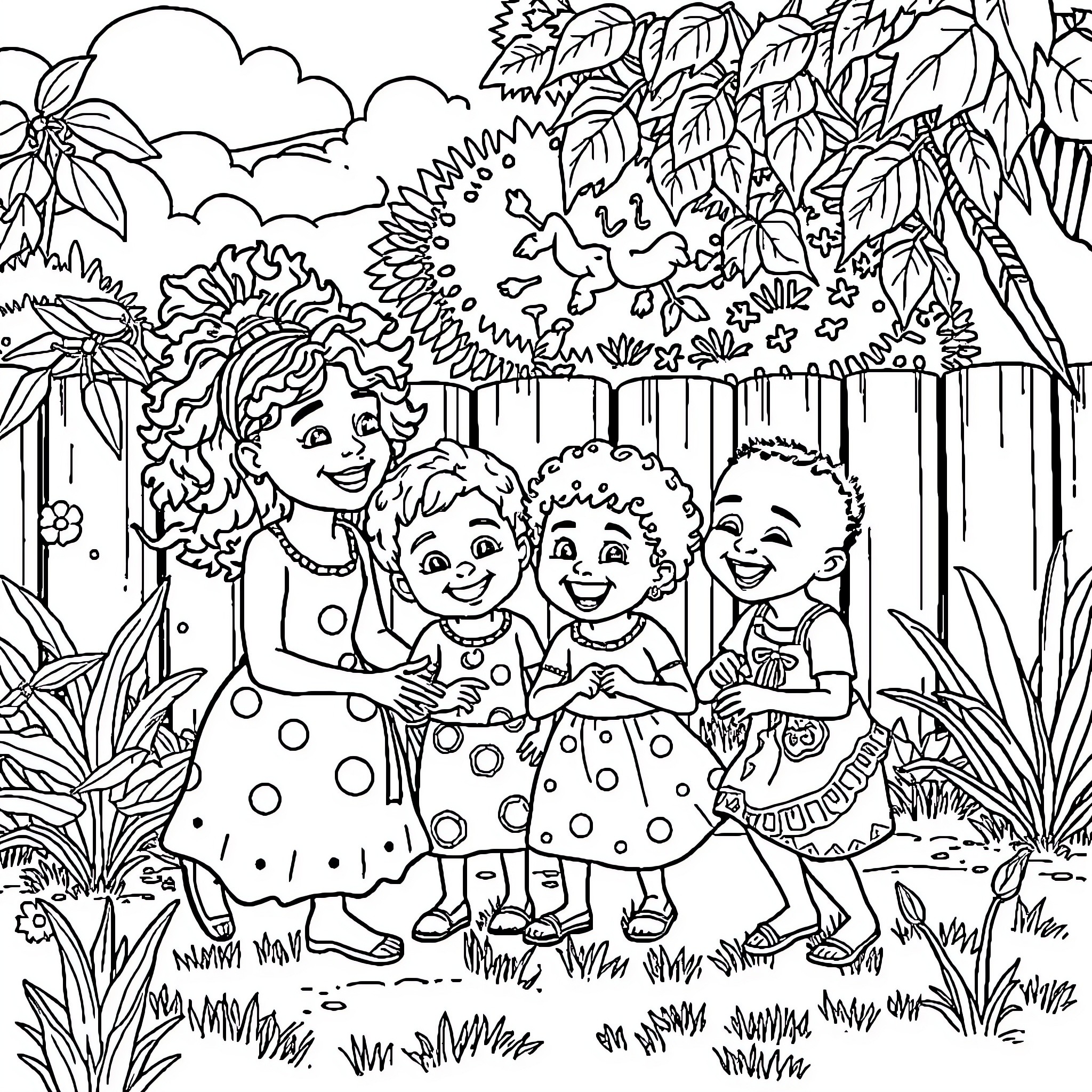 Siblings playing happily in the garden Coloring Page (free black-and-white line drawing printable PDF for all, from beginners to advanced learners, including children, teens, adults, and seniors)