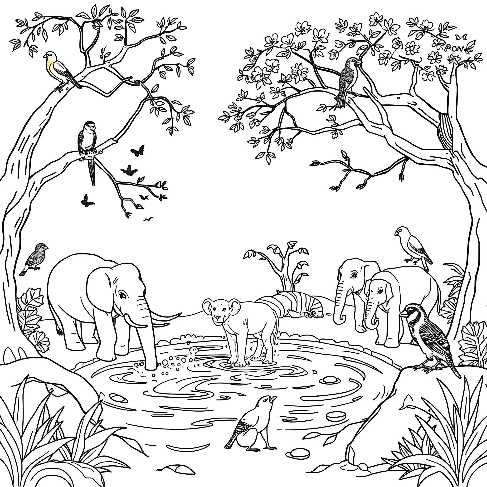 Animal Friends in the Tranquil Jungle Coloring Page (free black-and-white line drawing printable PDF for all, from beginners to advanced learners, including children, teens, adults, and seniors)