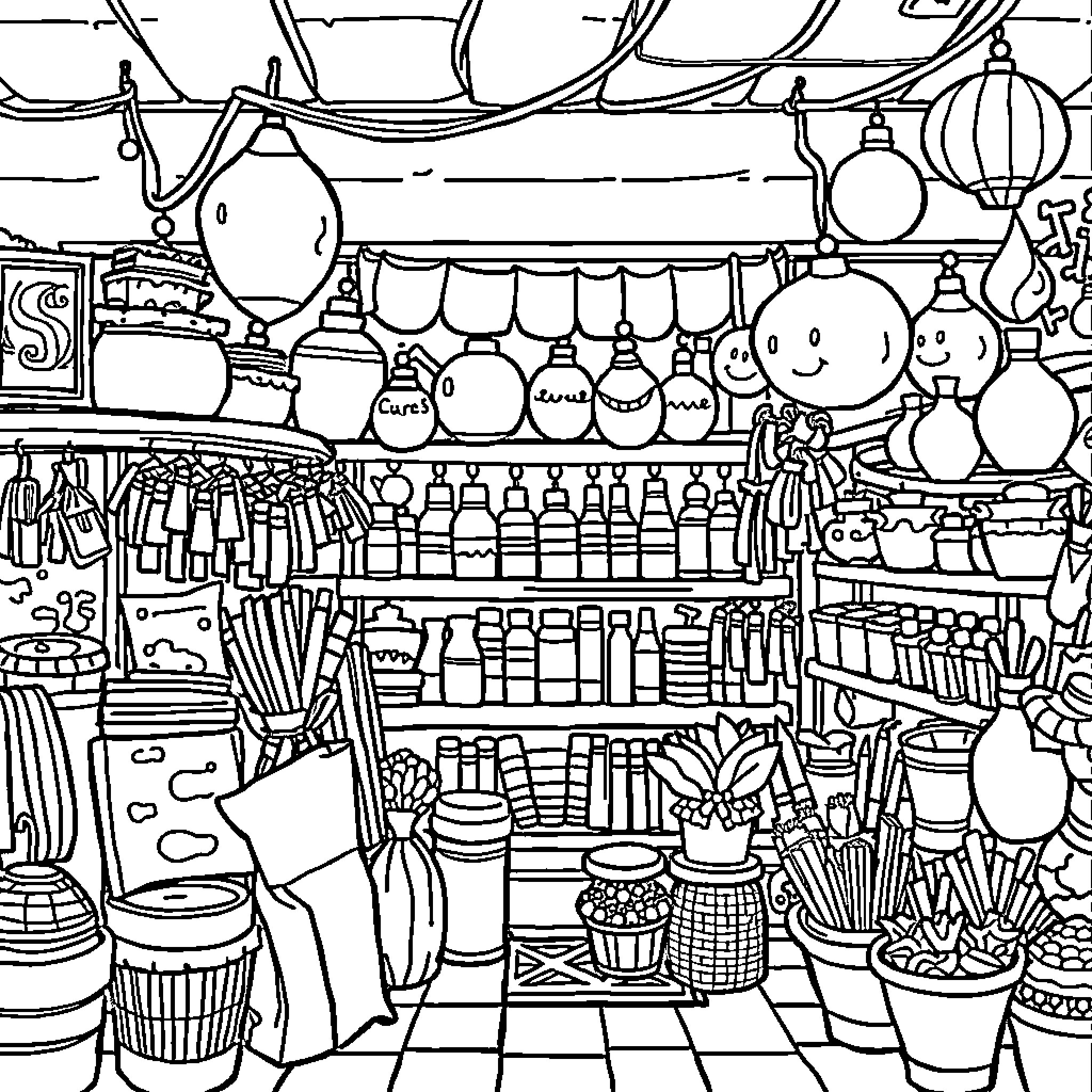 Allin1Place - Whimsical and Colorful Variety Store Coloring Page (free black-and-white line drawing printable PDF for all, from beginners to advanced learners, including children, teens, adults, and seniors)