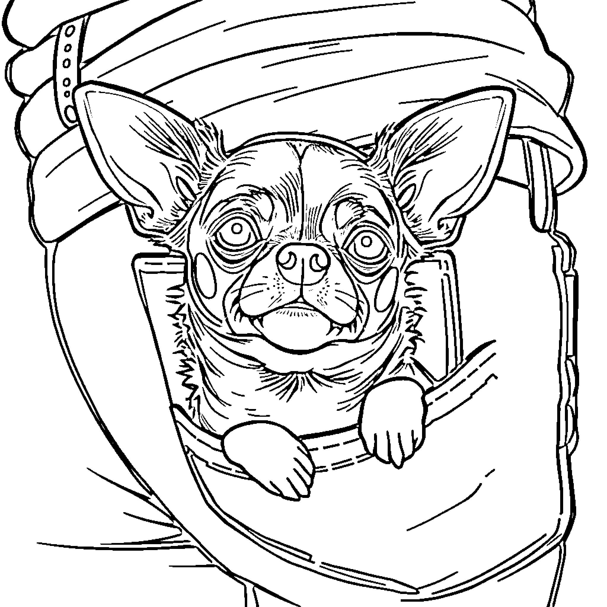 Chihuahua peering curiously from a backpack Coloring Page (free black-and-white line drawing printable PDF for all, from beginners to advanced learners, including children, teens, adults, and seniors)