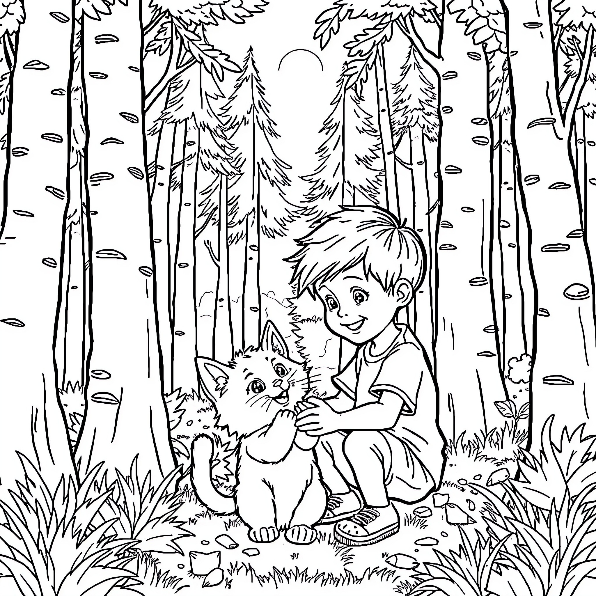 Boy Befriends Playful Kitten in Enchanting Forest Coloring Page (free black-and-white line drawing printable PDF for all, from beginners to advanced learners, including children, teens, adults, and seniors)