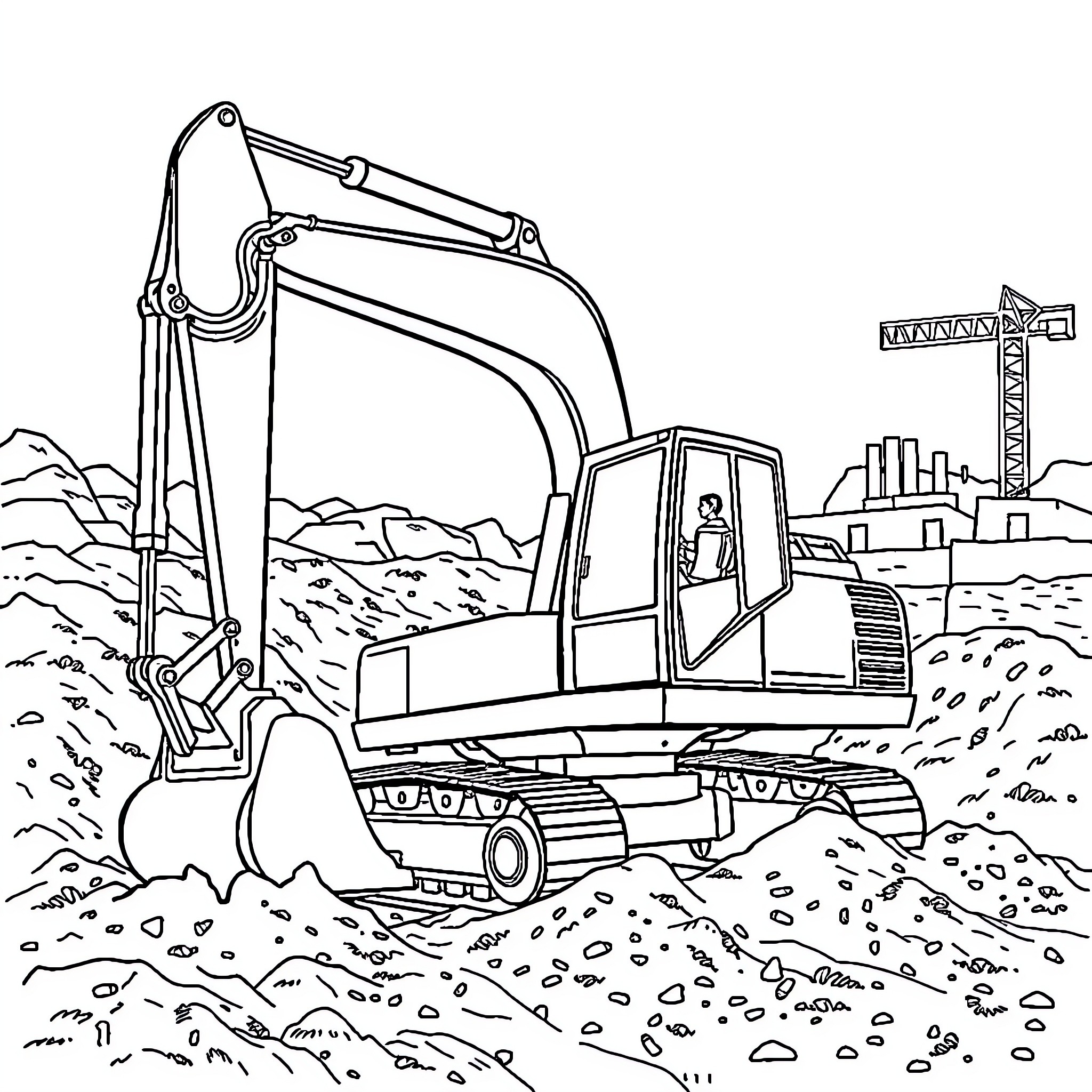 Excavator digging at a construction site Coloring Page (free black-and-white line drawing printable PDF for all, from beginners to advanced learners, including children, teens, adults, and seniors)