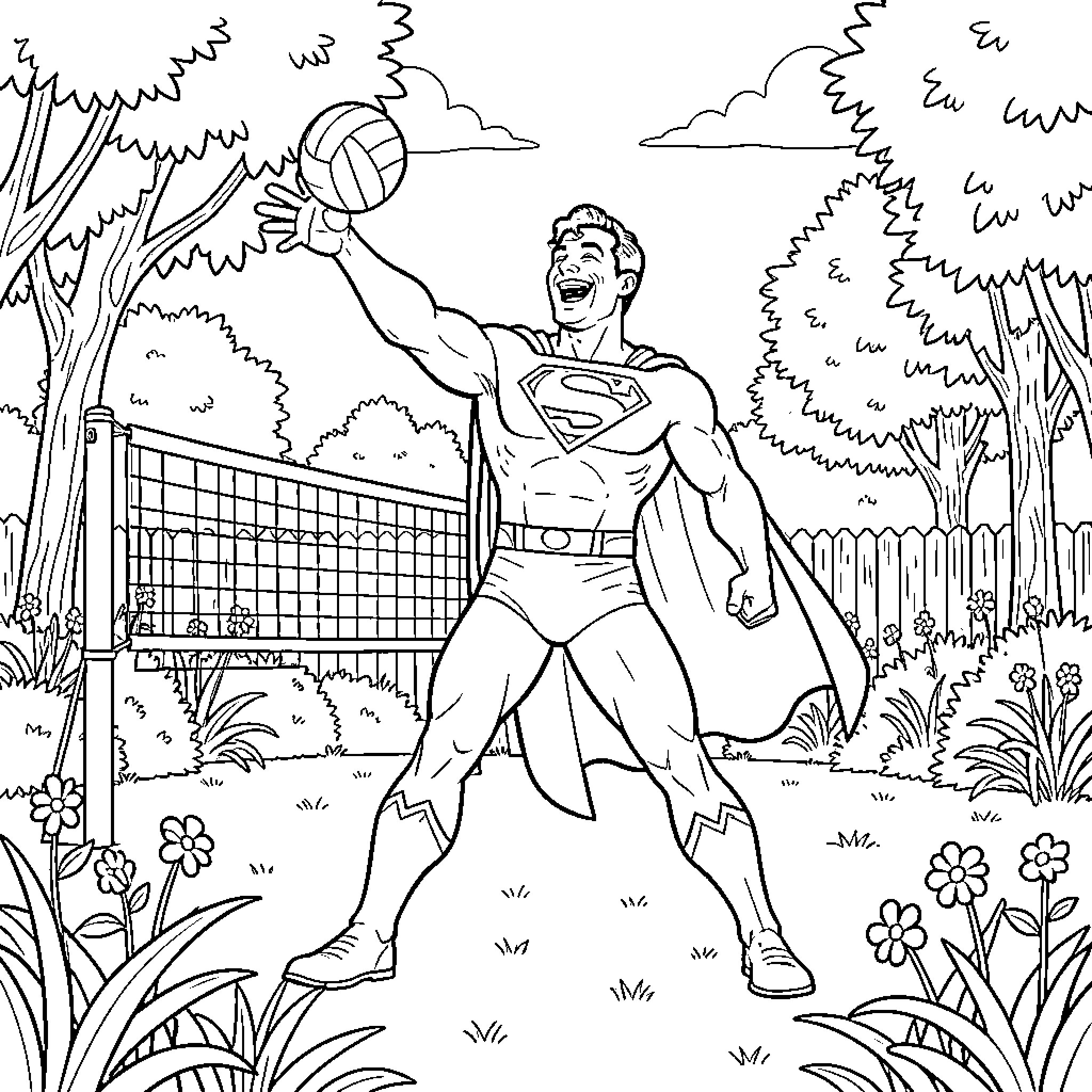 Superman playing volleyball in a lush outdoor setting Coloring Page (free black-and-white line drawing printable PDF for all, from beginners to advanced learners, including children, teens, adults, and seniors)