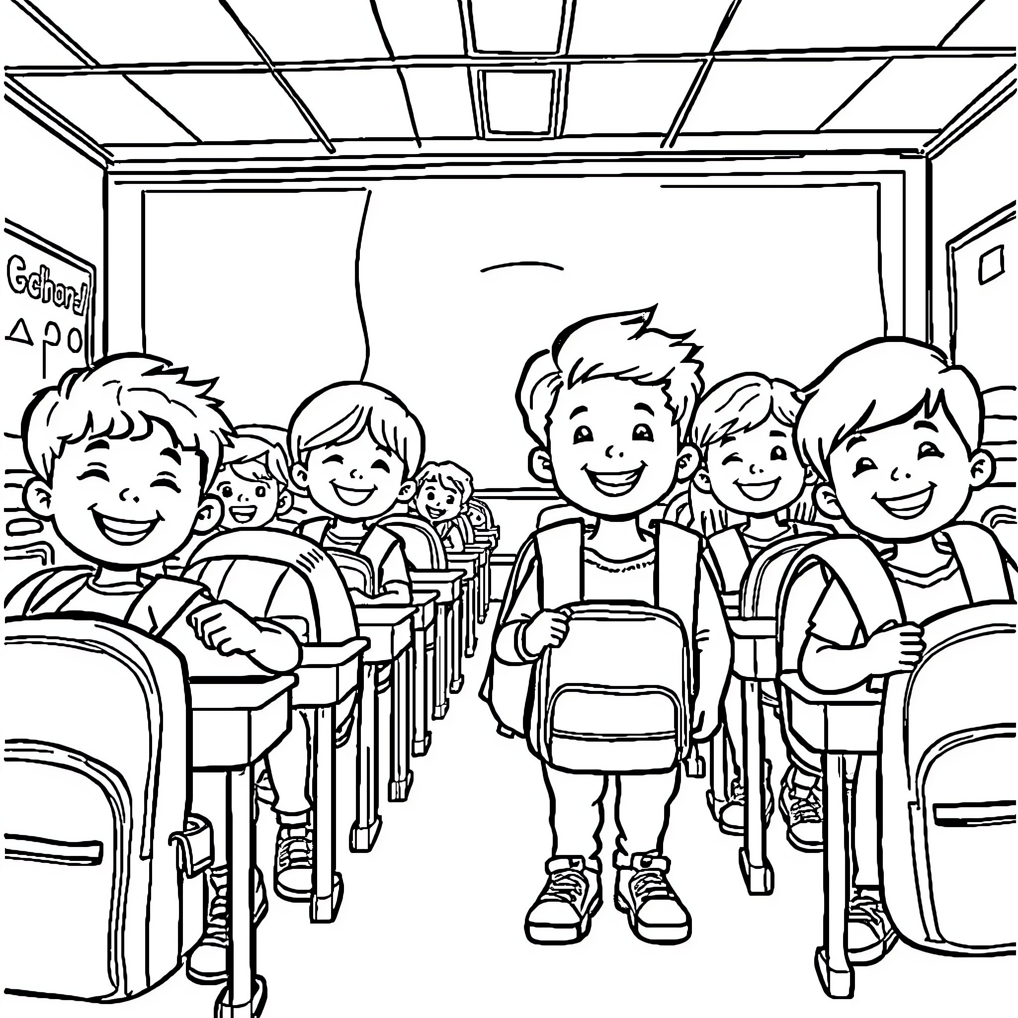 School Children Enjoying Lively Classroom Setting Coloring Page (free black-and-white line drawing printable PDF for all, from beginners to advanced learners, including children, teens, adults, and seniors)