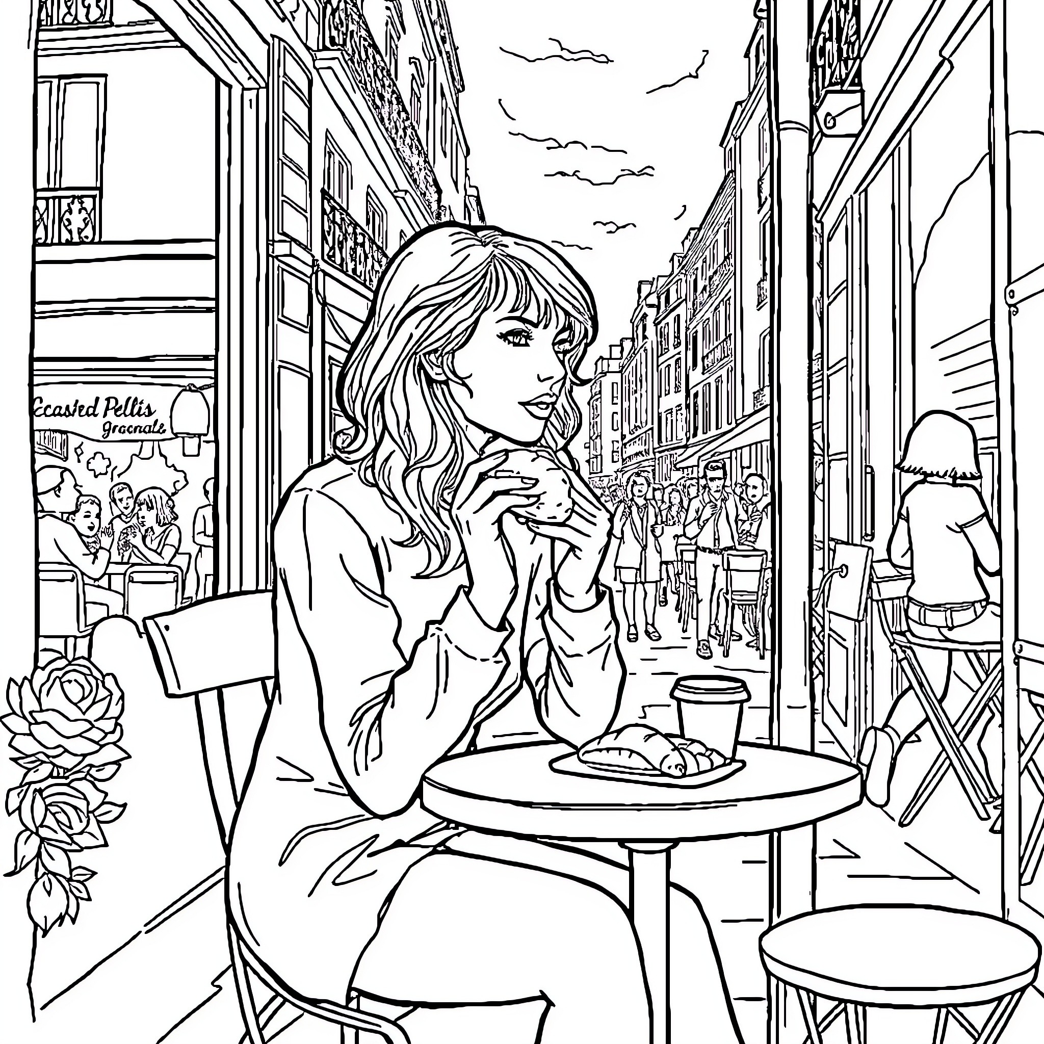 Taylor Swift enjoying a coffee in a Parisian cafe Coloring Page (free black-and-white line drawing printable PDF for all, from beginners to advanced learners, including children, teens, adults, and seniors)