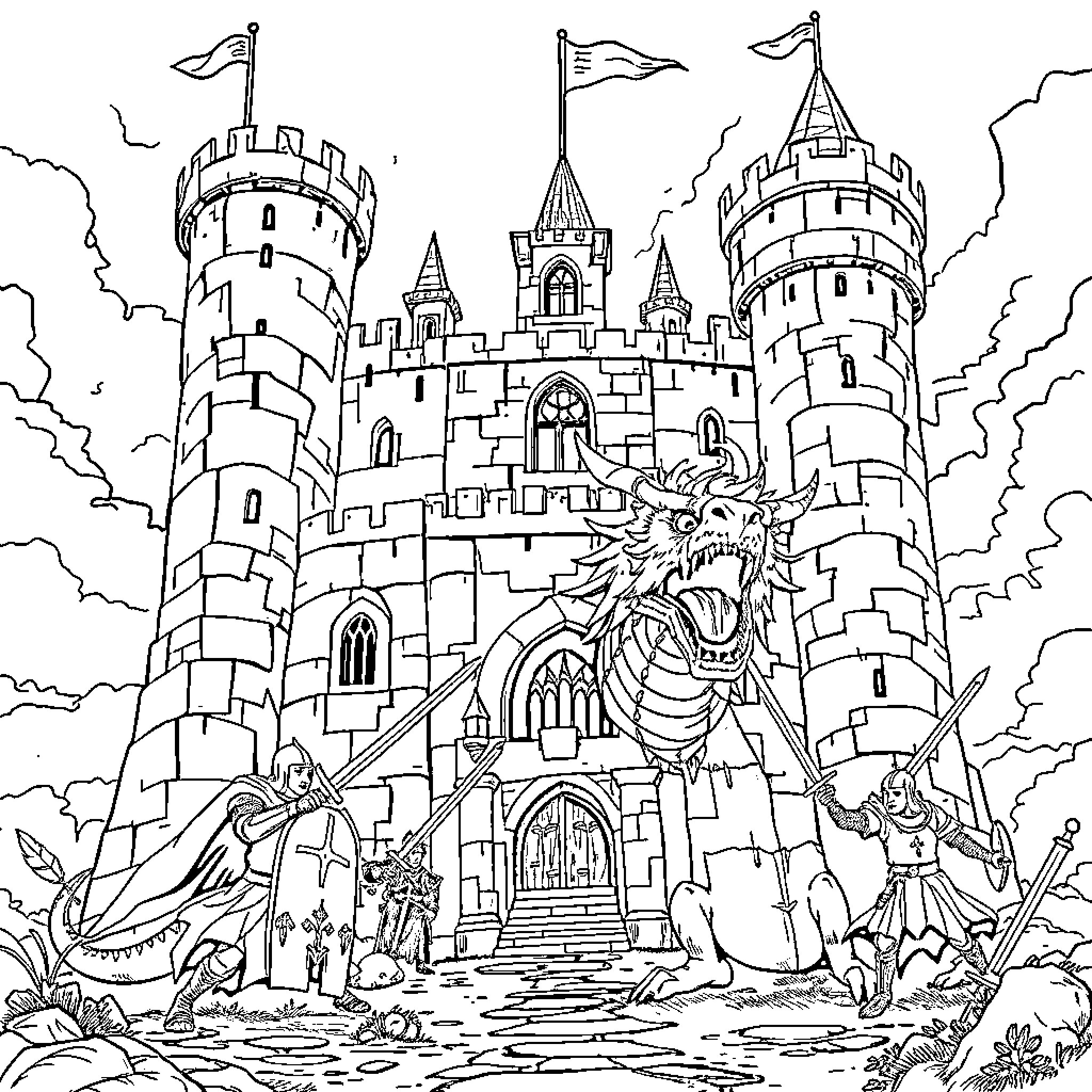 Castle with a dragon and medieval characters Coloring Page (free black-and-white line drawing printable PDF for all, from beginners to advanced learners, including children, teens, adults, and seniors)