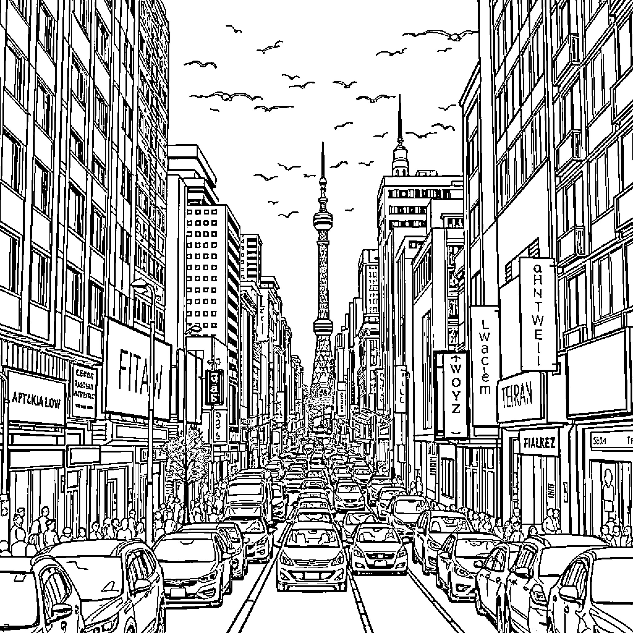 Tehran cityscape with bustling traffic and towering buildings Coloring Page (free black-and-white line drawing printable PDF for all, from beginners to advanced learners, including children, teens, adults, and seniors)