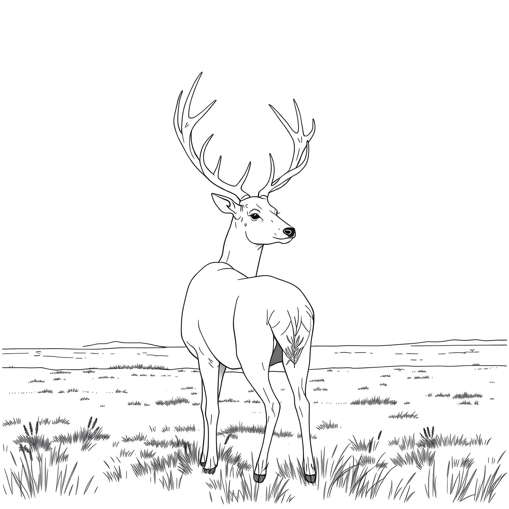 Deer standing majestically in the wilderness Coloring Page (free black-and-white line drawing printable PDF for all, from beginners to advanced learners, including children, teens, adults, and seniors)