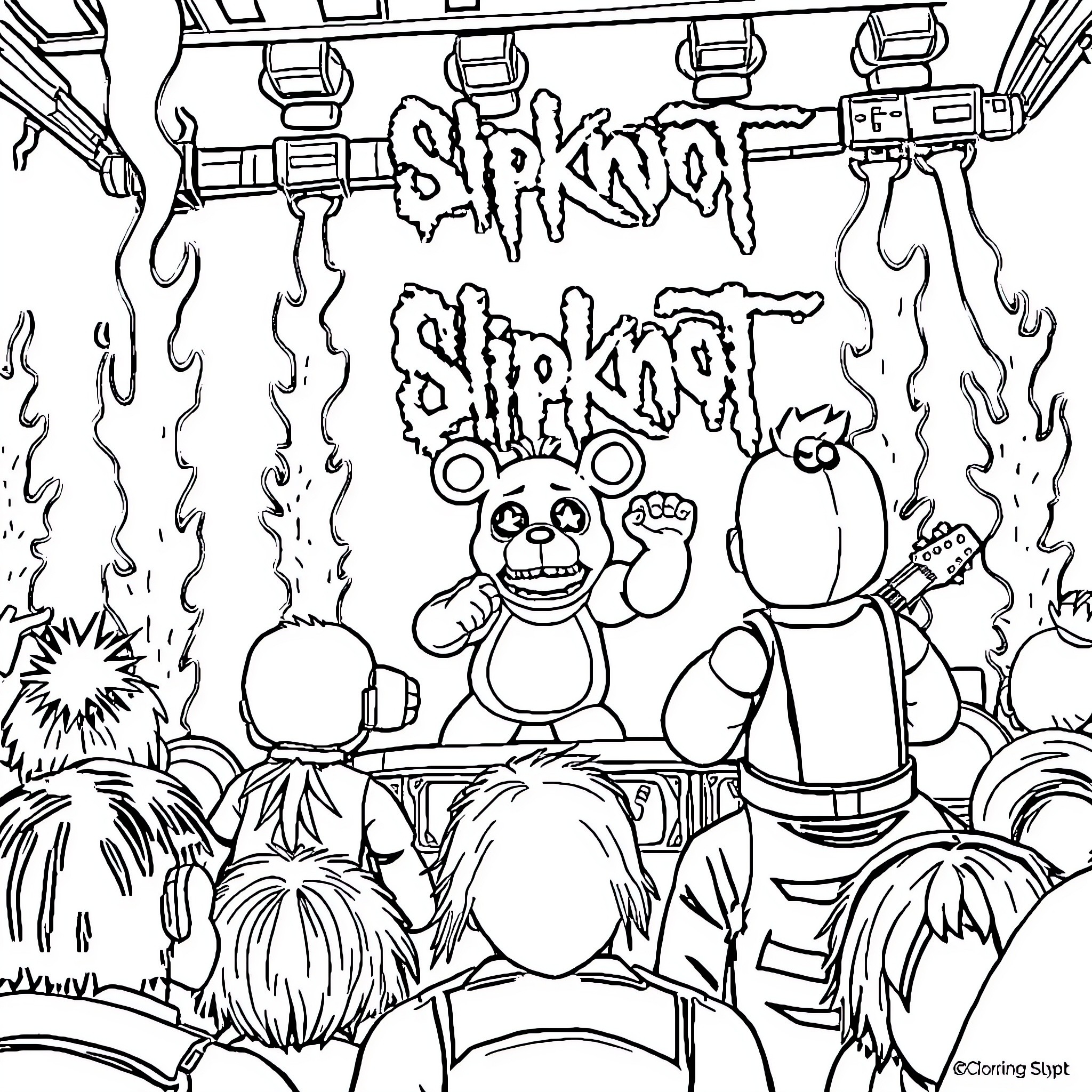 FNAF: Scary animatronic characters on stage Coloring Page (free black-and-white line drawing printable PDF for all, from beginners to advanced learners, including children, teens, adults, and seniors)