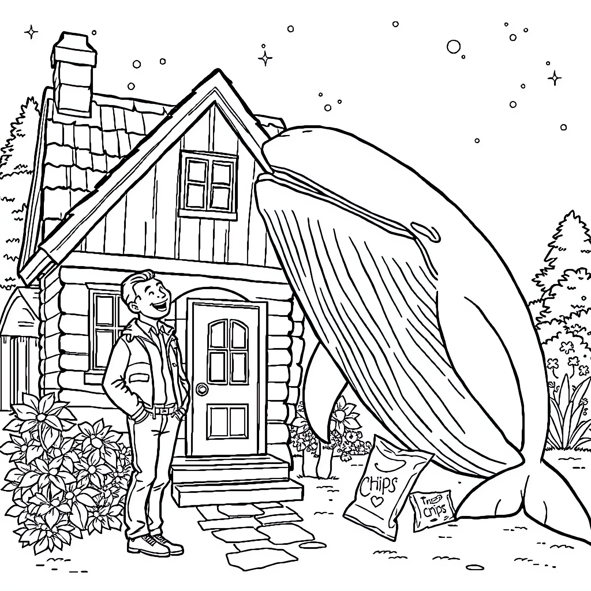 Man standing outside a cozy cabin in the countryside Coloring Page (free black-and-white line drawing printable PDF for all, from beginners to advanced learners, including children, teens, adults, and seniors)