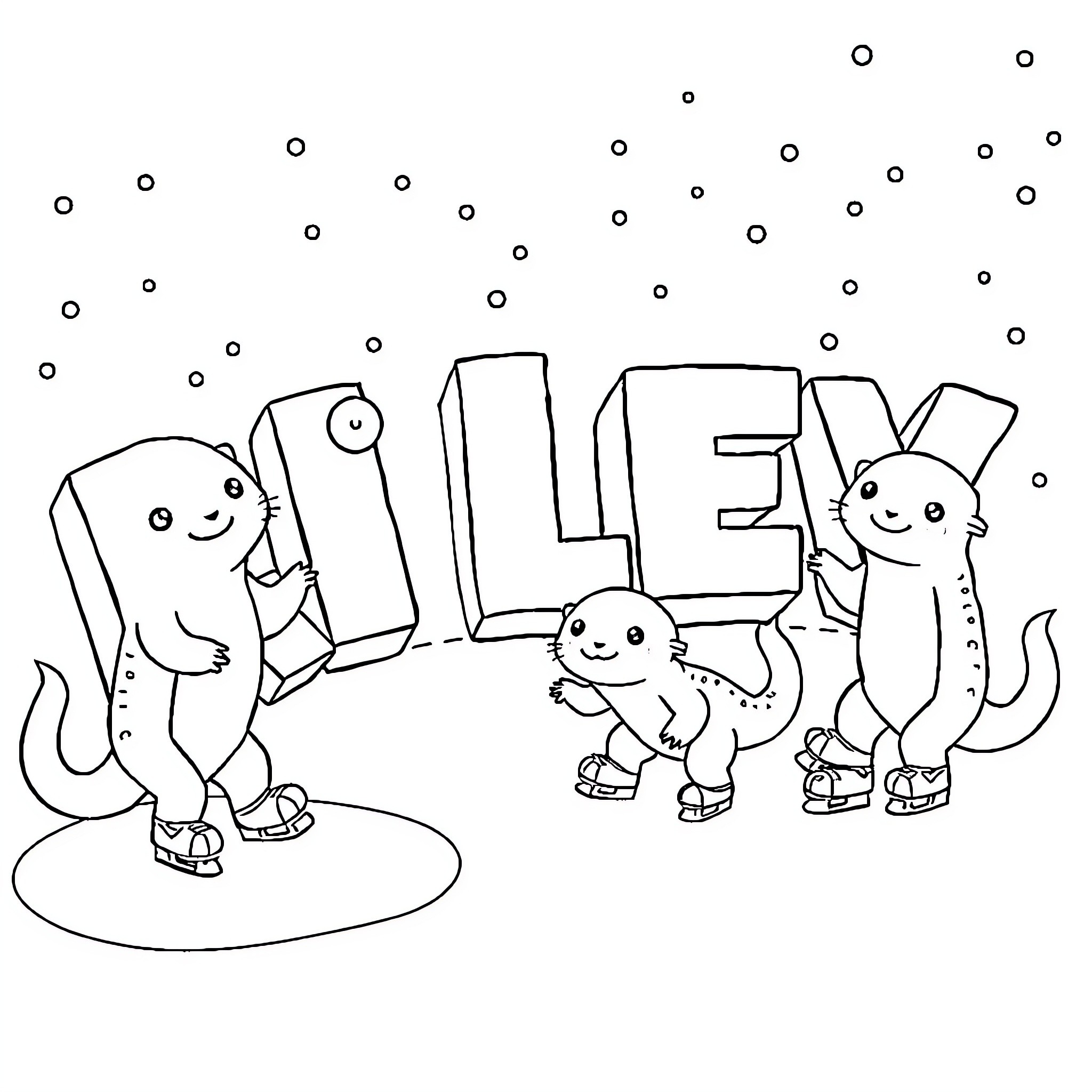 Riley's Playful Creatures in the Snowy Scene Coloring Page (free black-and-white line drawing printable PDF for all, from beginners to advanced learners, including children, teens, adults, and seniors)