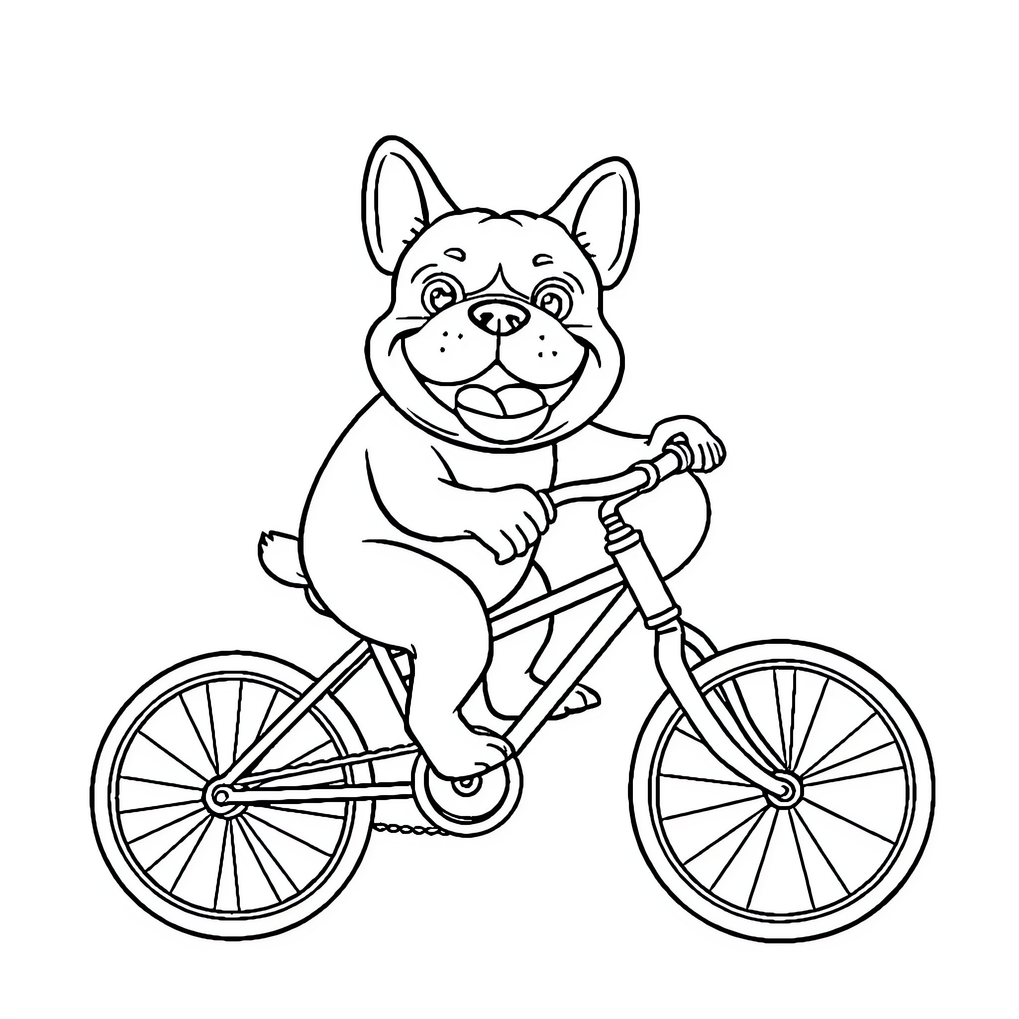 Bulldog riding a bicycle happily Coloring Page (free black-and-white line drawing printable PDF for all, from beginners to advanced learners, including children, teens, adults, and seniors)