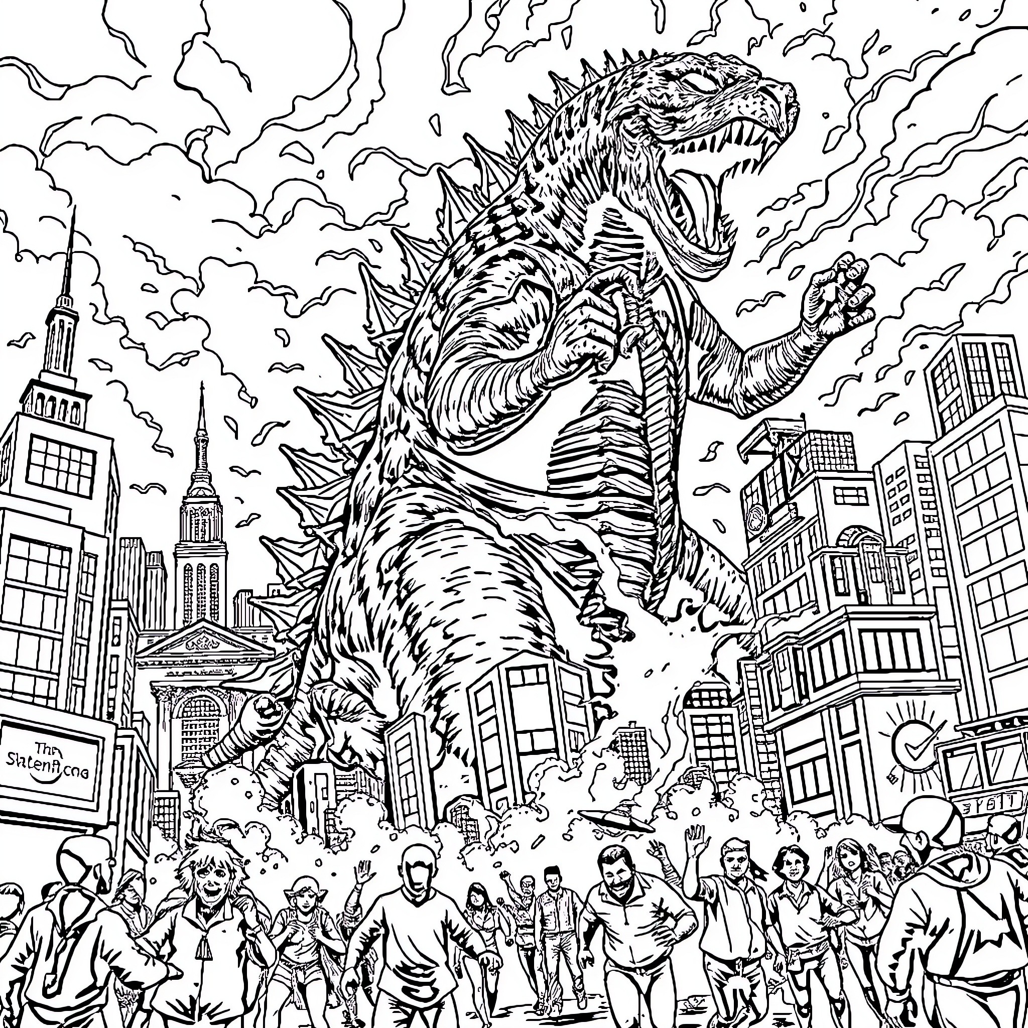 Siren Head Terrorizing the City Skyline Coloring Page (free black-and-white line drawing printable PDF for all, from beginners to advanced learners, including children, teens, adults, and seniors)