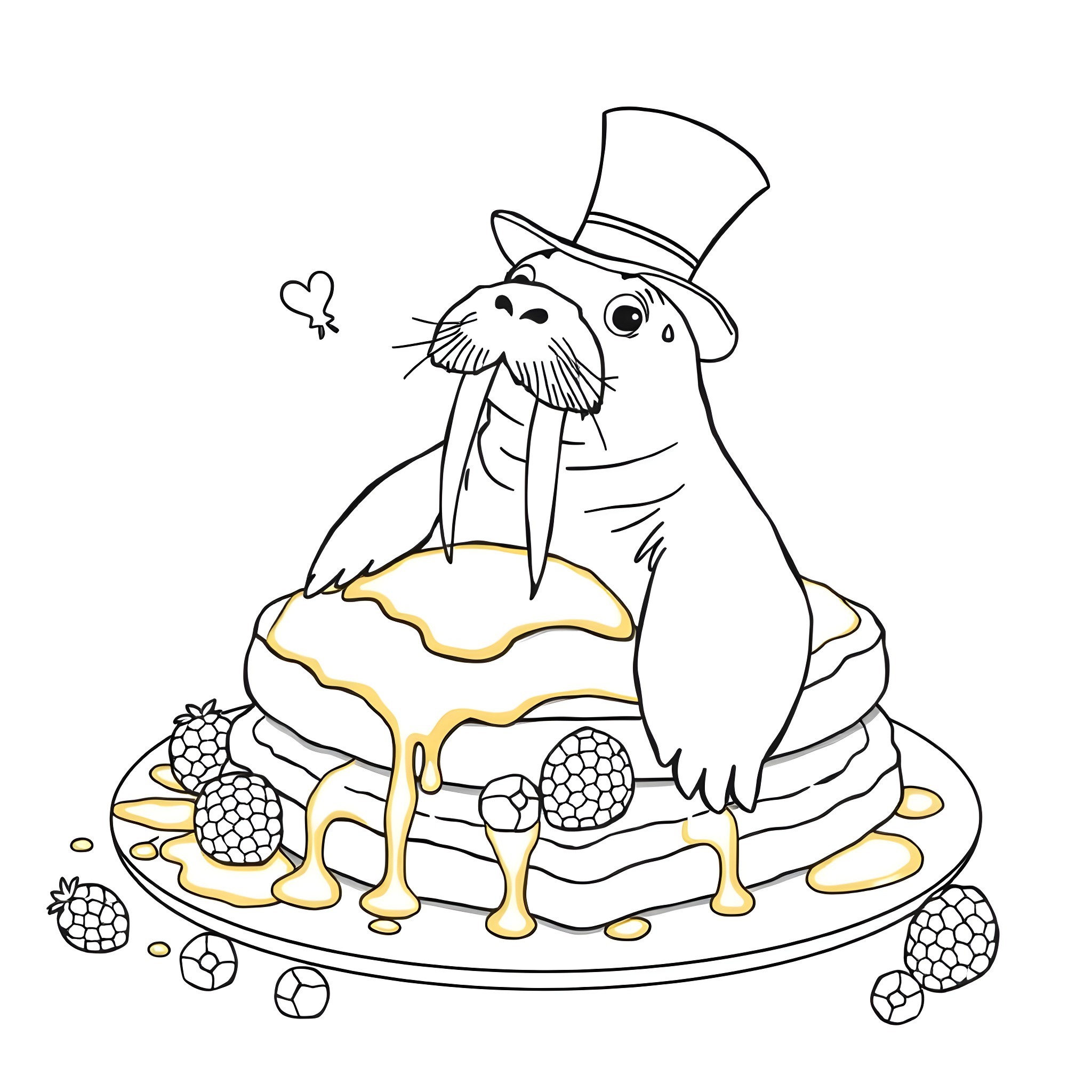 Walrus enjoying a decadent dessert Coloring Page (free black-and-white line drawing printable PDF for all, from beginners to advanced learners, including children, teens, adults, and seniors)