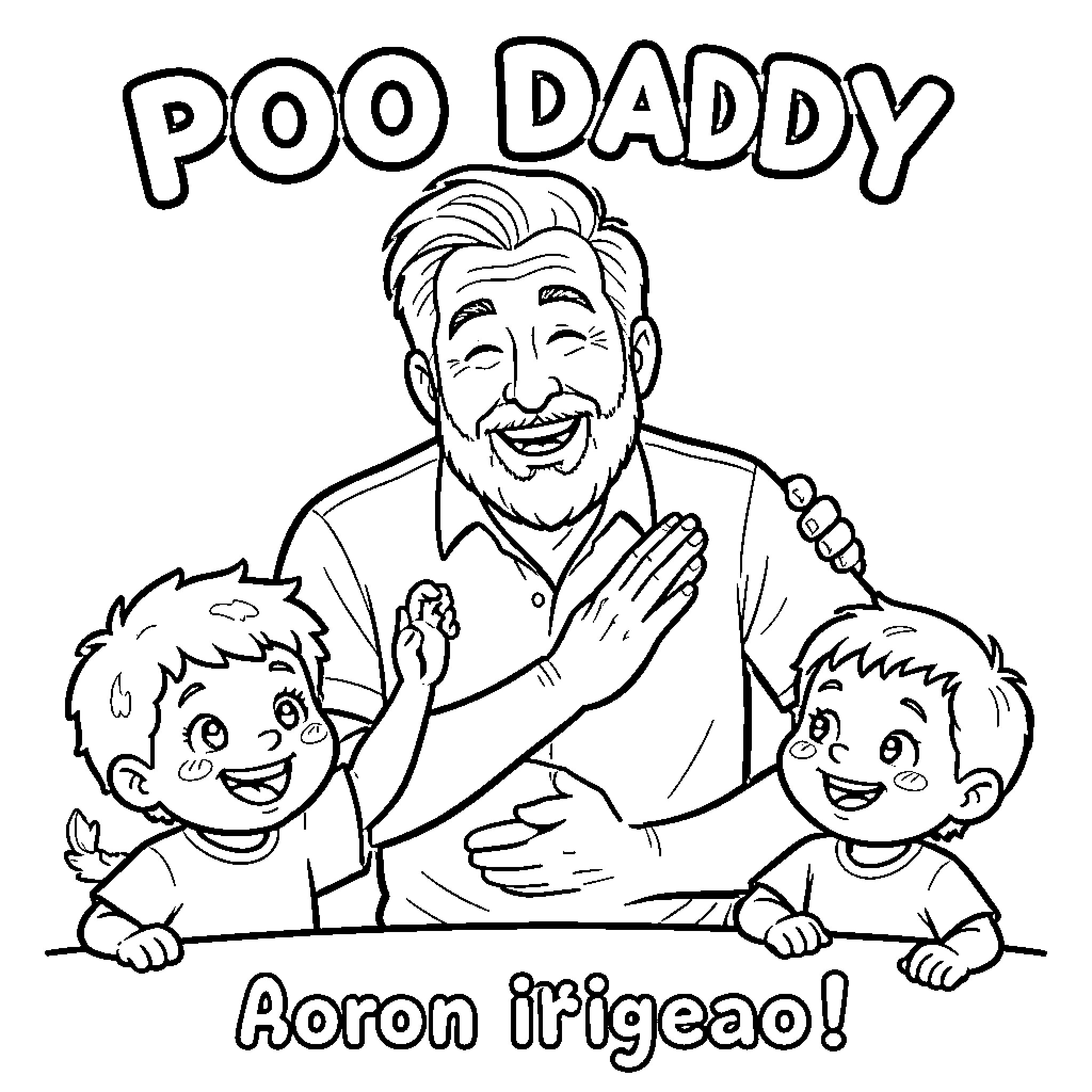 Poo Daddy playing happily with children Coloring Page (free black-and-white line drawing printable PDF for all, from beginners to advanced learners, including children, teens, adults, and seniors)