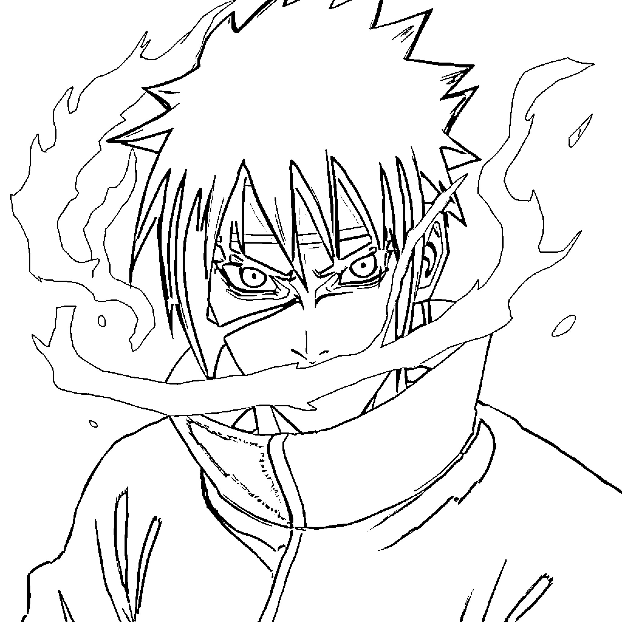 Sasuke's intense expression and fiery energy Coloring Page (free black-and-white line drawing printable PDF for all, from beginners to advanced learners, including children, teens, adults, and seniors)