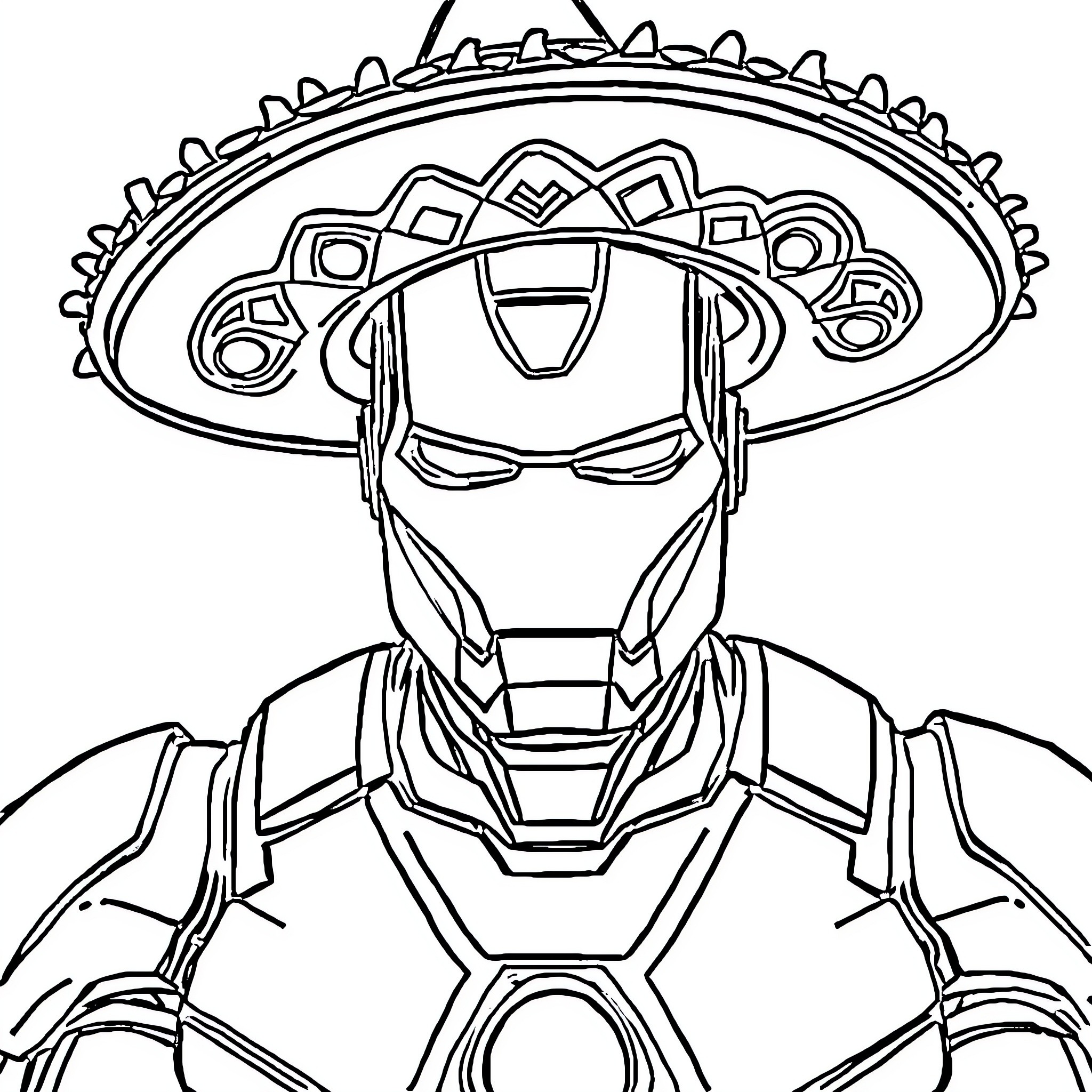 Iron Man in Mexican-inspired Costume Coloring Page (free black-and-white line drawing printable PDF for all, from beginners to advanced learners, including children, teens, adults, and seniors)