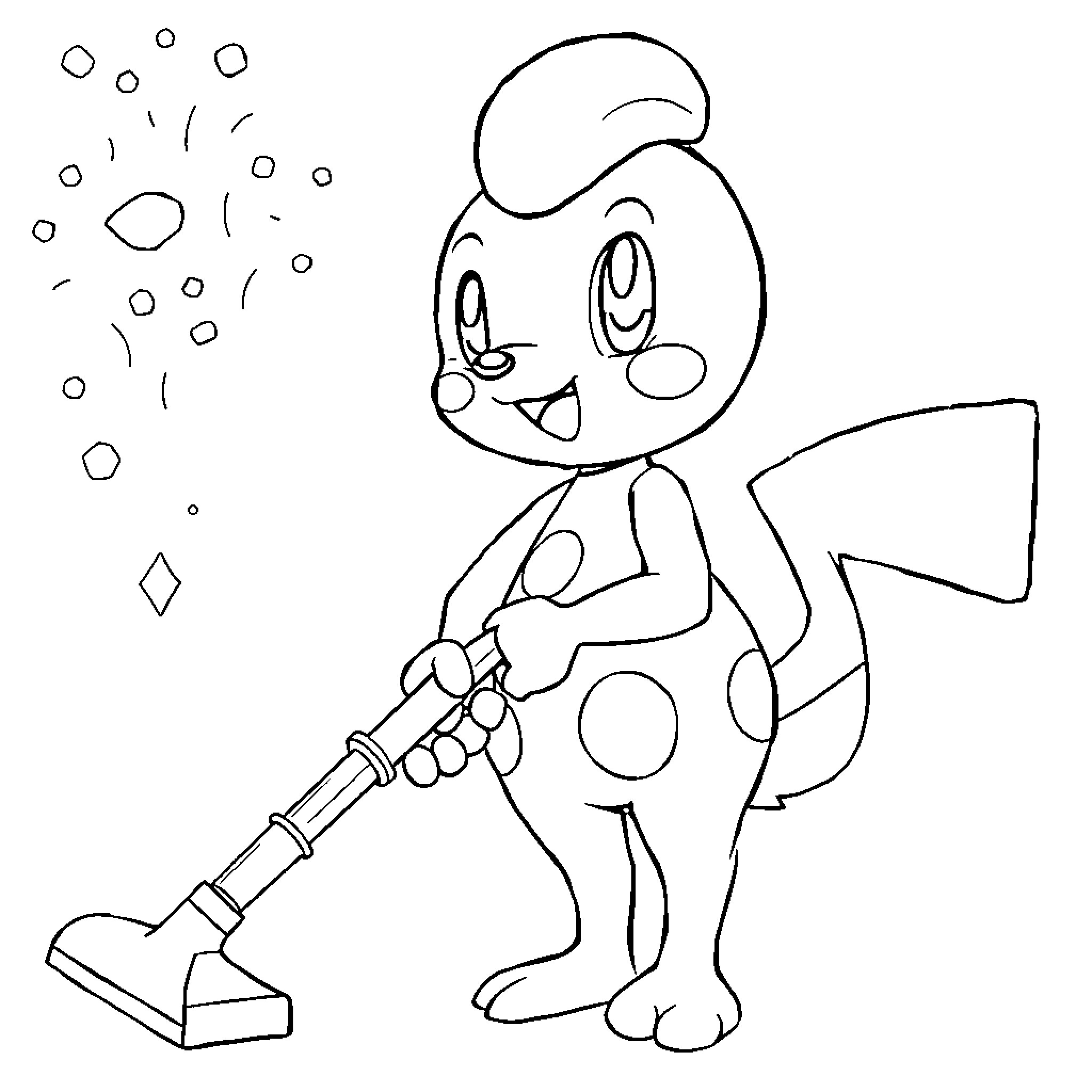 Mr. Mime sweeping the floor cheerfully Coloring Page (free black-and-white line drawing printable PDF for all, from beginners to advanced learners, including children, teens, adults, and seniors)