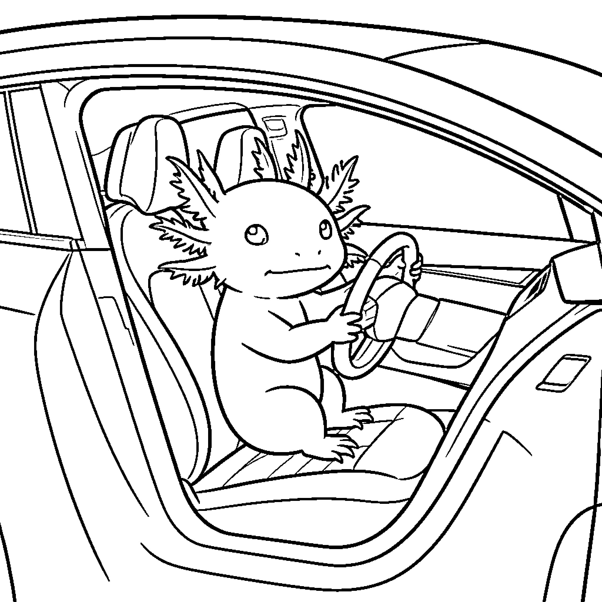 Axolotl driving a car with a focused expression Coloring Page (free black-and-white line drawing printable PDF for all, from beginners to advanced learners, including children, teens, adults, and seniors)
