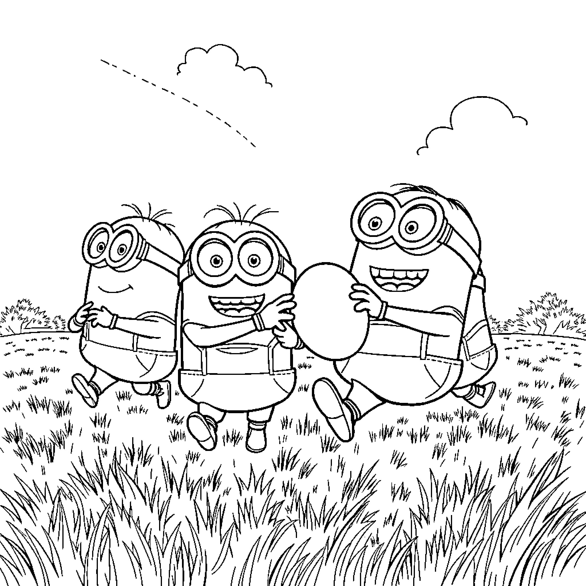 Minions enjoying a playful day outdoors Coloring Page (free black-and-white line drawing printable PDF for all, from beginners to advanced learners, including children, teens, adults, and seniors)