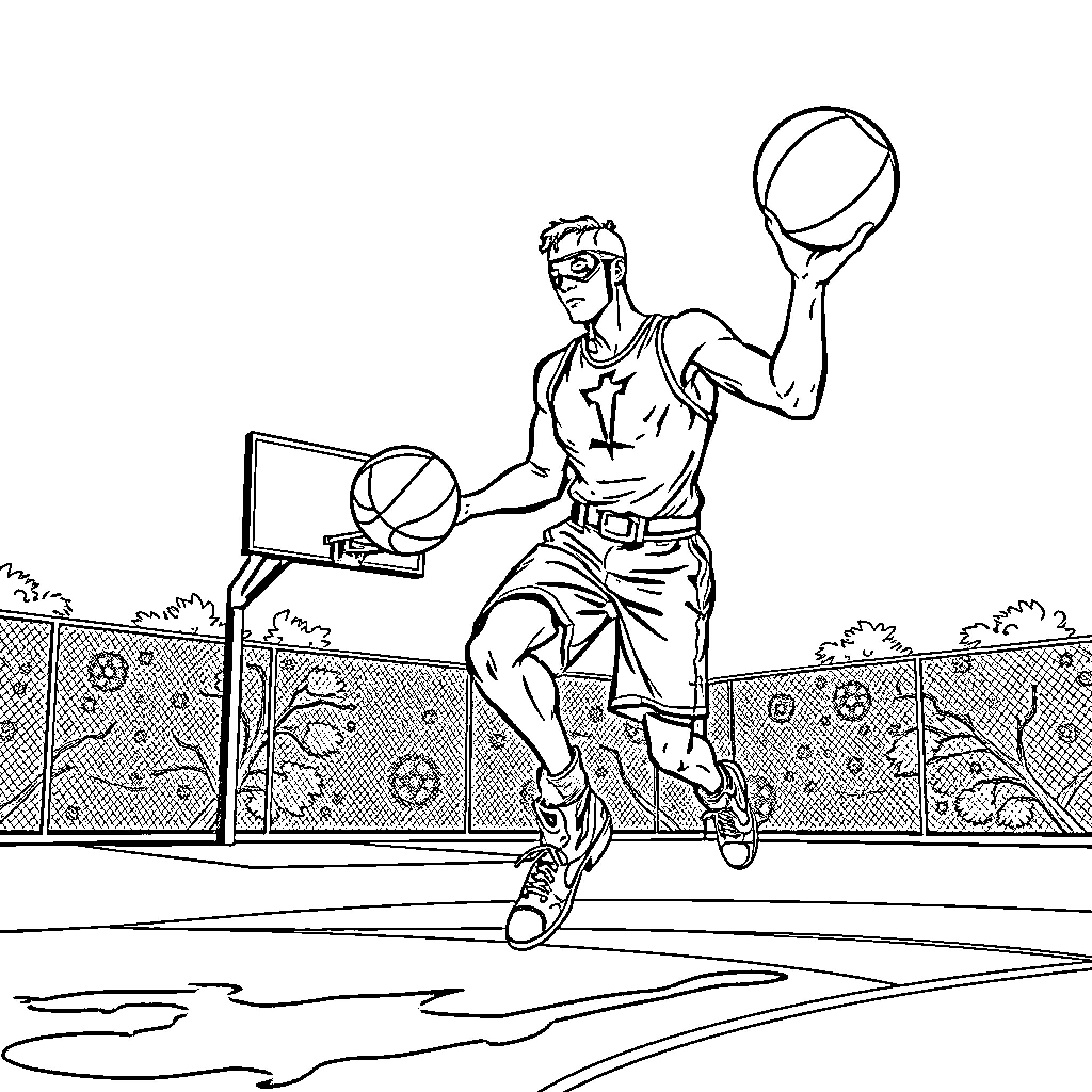 Daredevil Basketball Player Dunking on Outdoor Court Coloring Page (free black-and-white line drawing printable PDF for all, from beginners to advanced learners, including children, teens, adults, and seniors)