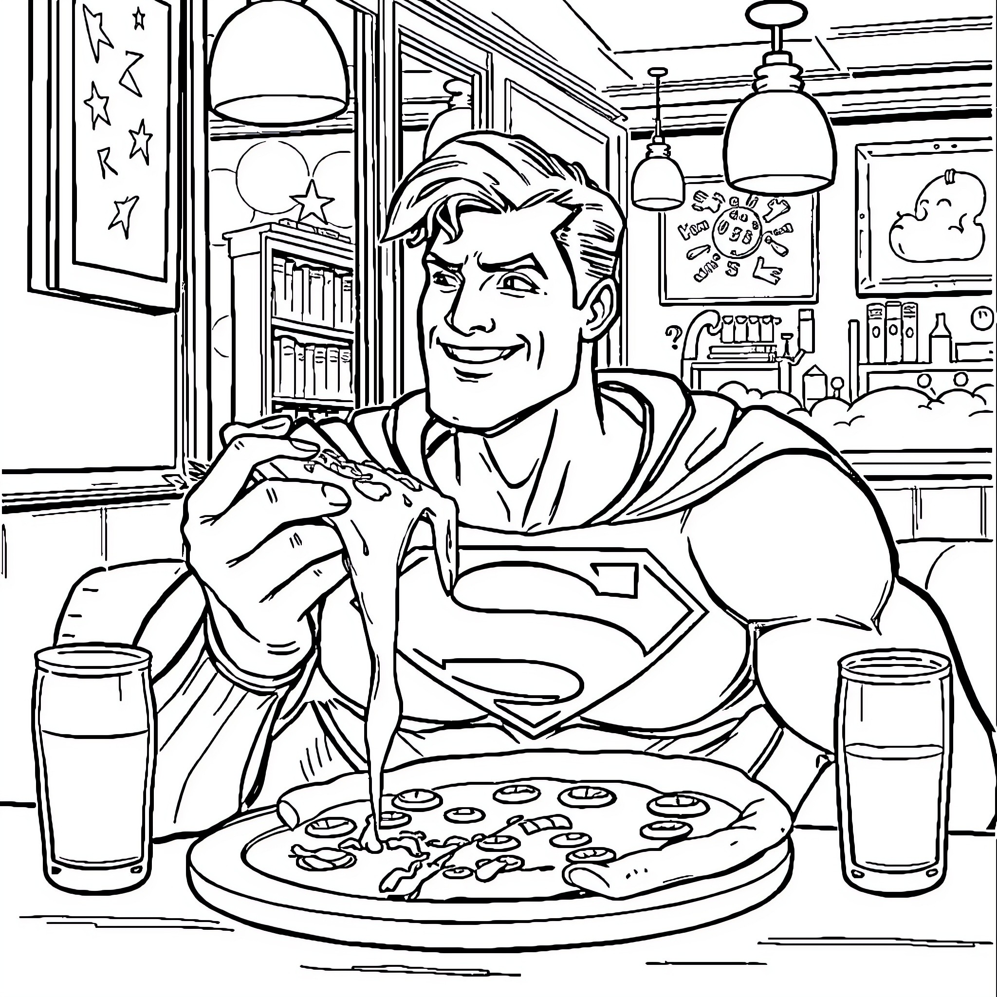 Superman Enjoying a Meal in a Diner Coloring Page (free black-and-white line drawing printable PDF for all, from beginners to advanced learners, including children, teens, adults, and seniors)