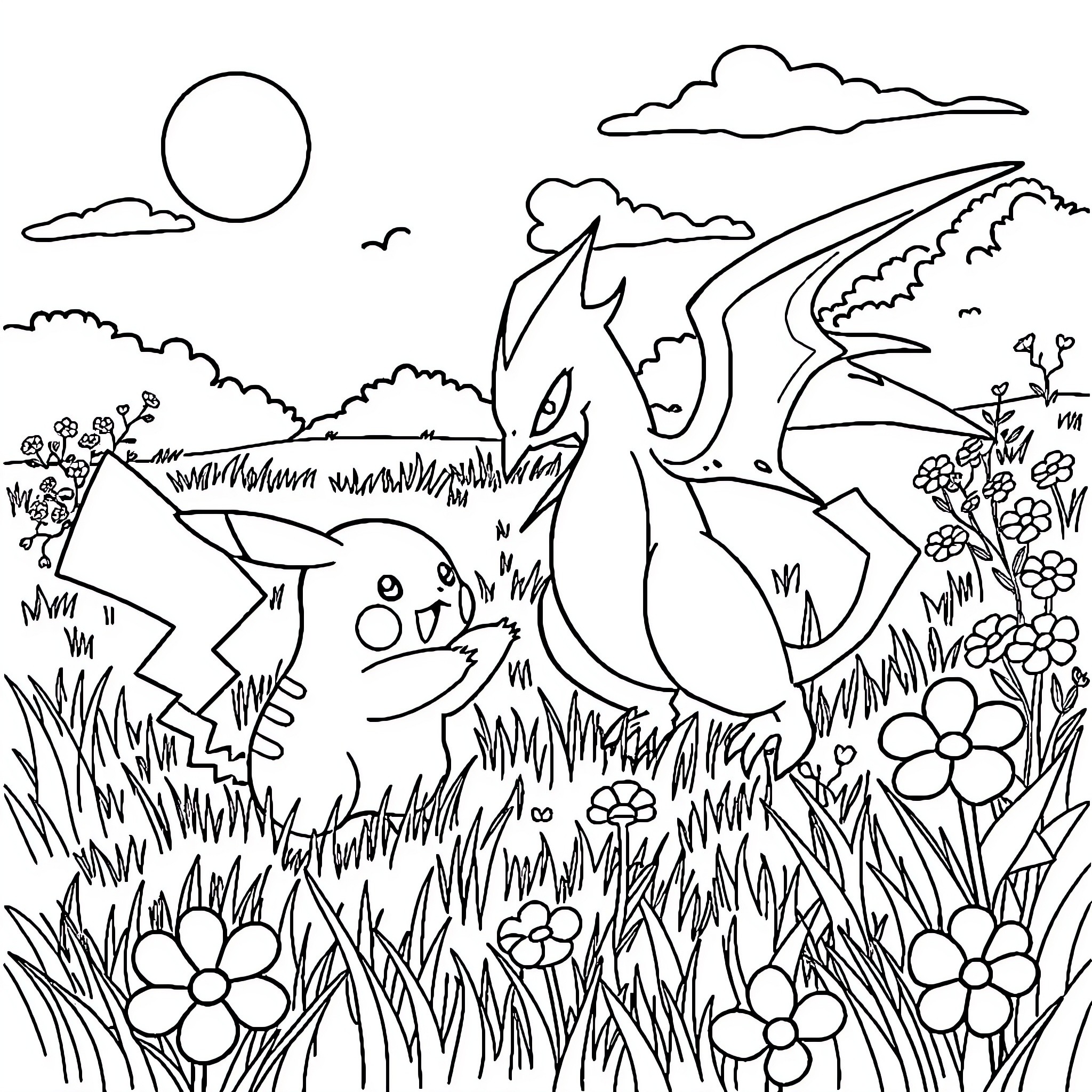 Pikachu playing in a whimsical outdoor scene Coloring Page (free black-and-white line drawing printable PDF for all, from beginners to advanced learners, including children, teens, adults, and seniors)