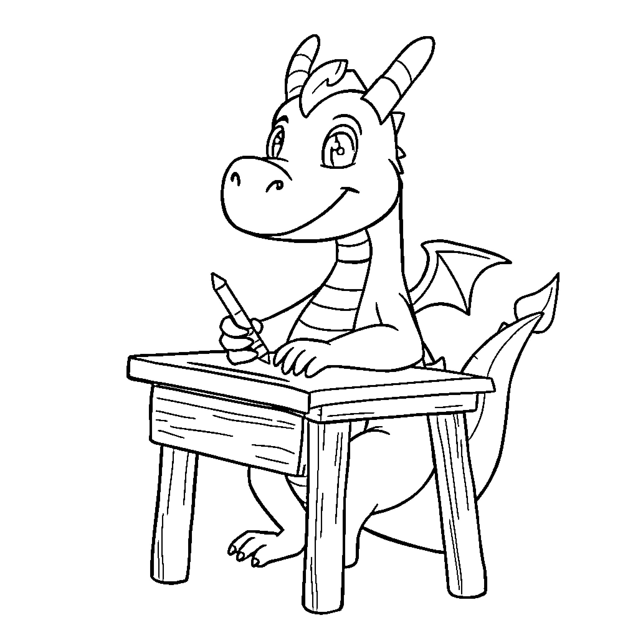 Dragon happily drawing at a desk Coloring Page (free black-and-white line drawing printable PDF for all, from beginners to advanced learners, including children, teens, adults, and seniors)