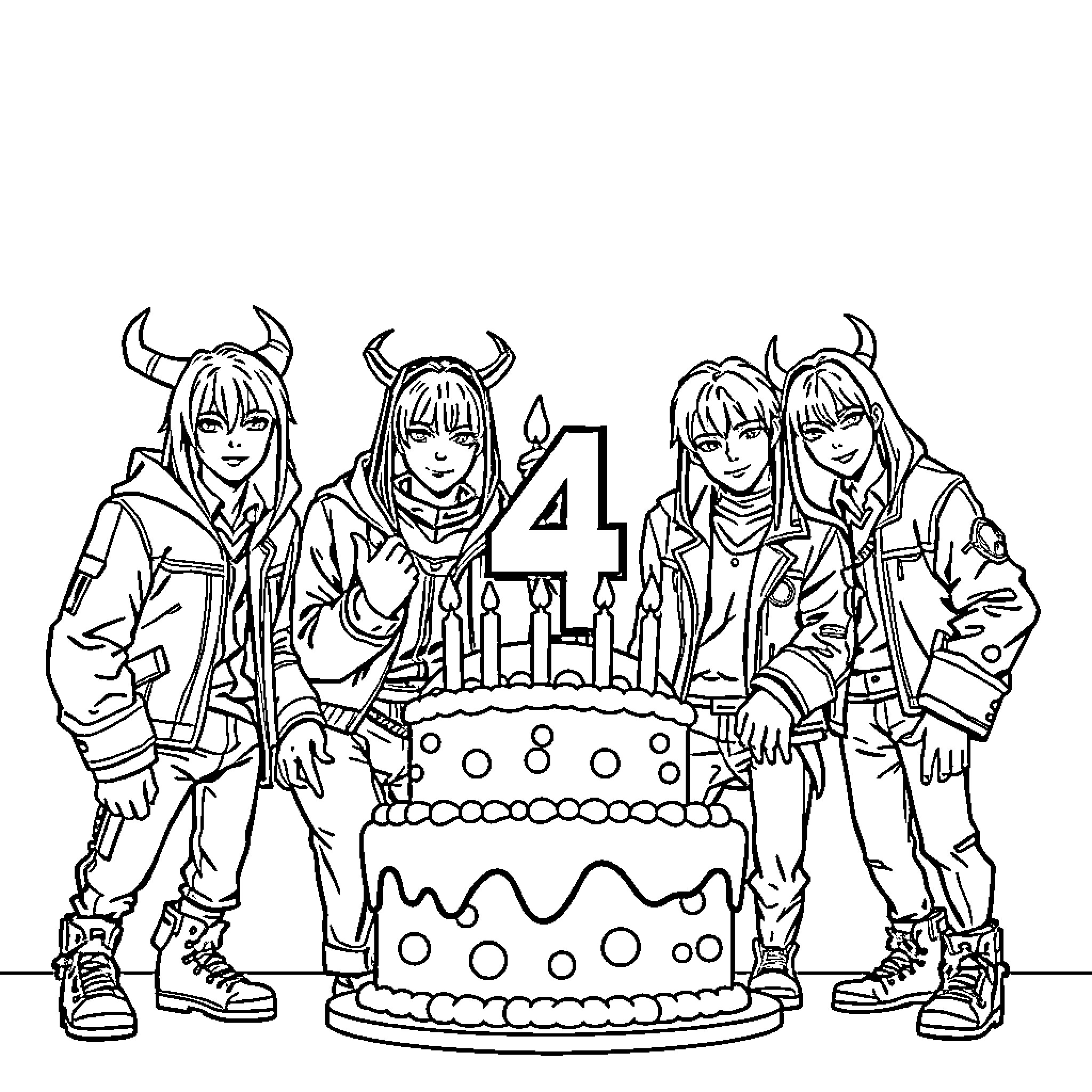 Demon Hunters Celebrate with a Festive Cake Coloring Page (free black-and-white line drawing printable PDF for all, from beginners to advanced learners, including children, teens, adults, and seniors)