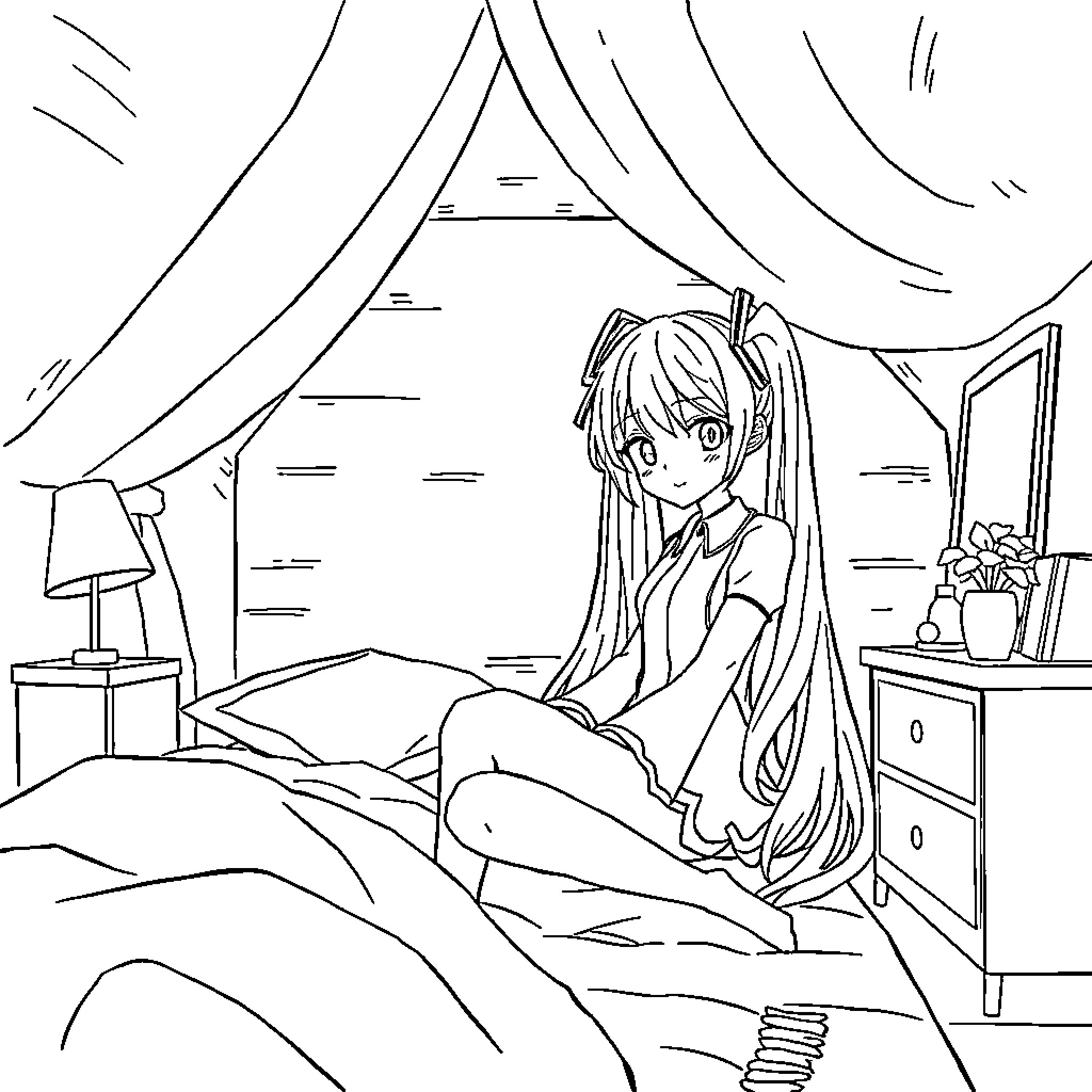 Miku relaxing in her bedroom Coloring Page (free black-and-white line drawing printable PDF for all, from beginners to advanced learners, including children, teens, adults, and seniors)
