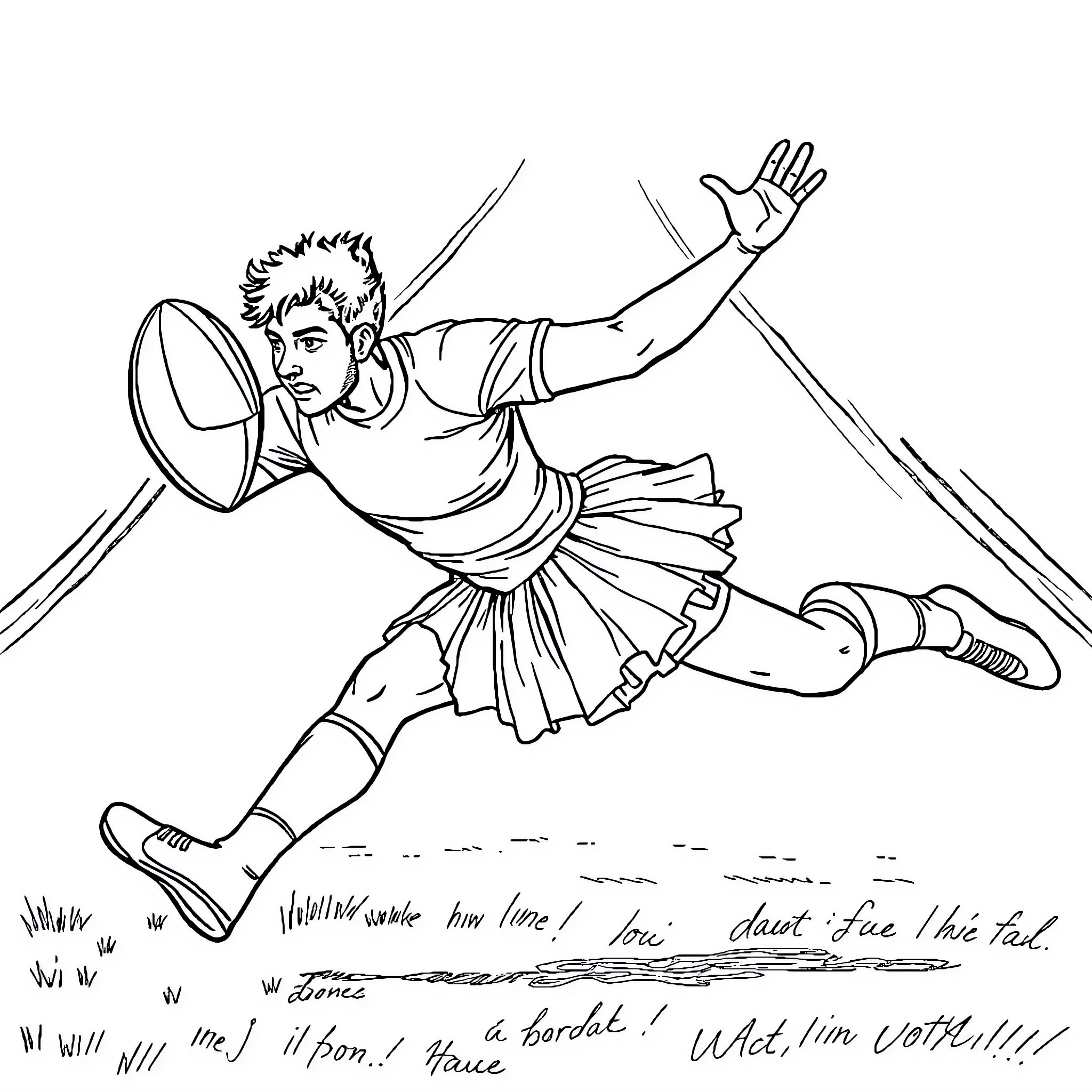 Rugby Player diving for the ball on the field Coloring Page (free black-and-white line drawing printable PDF for all, from beginners to advanced learners, including children, teens, adults, and seniors)