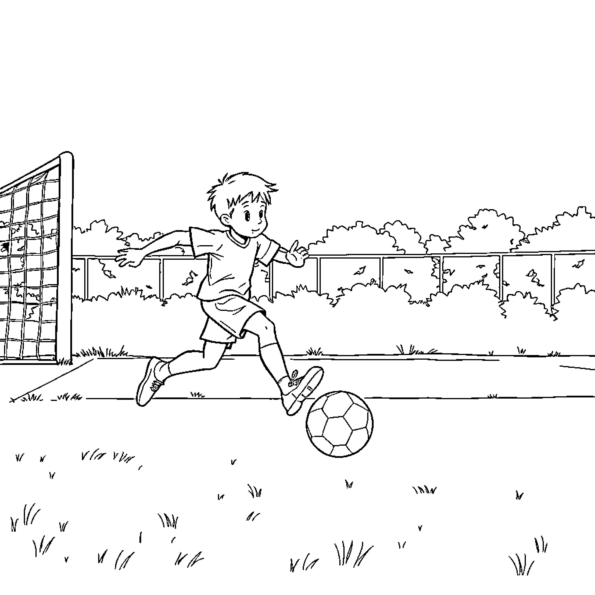 Kid kicking soccer ball on grassy field Coloring Page (free black-and-white line drawing printable PDF for all, from beginners to advanced learners, including children, teens, adults, and seniors)
