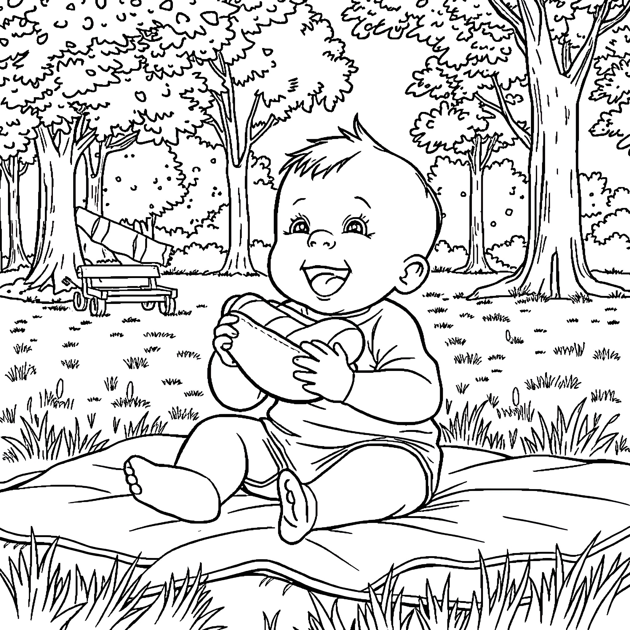 Baby enjoys nature in the park Coloring Page (free black-and-white line drawing printable PDF for all, from beginners to advanced learners, including children, teens, adults, and seniors)