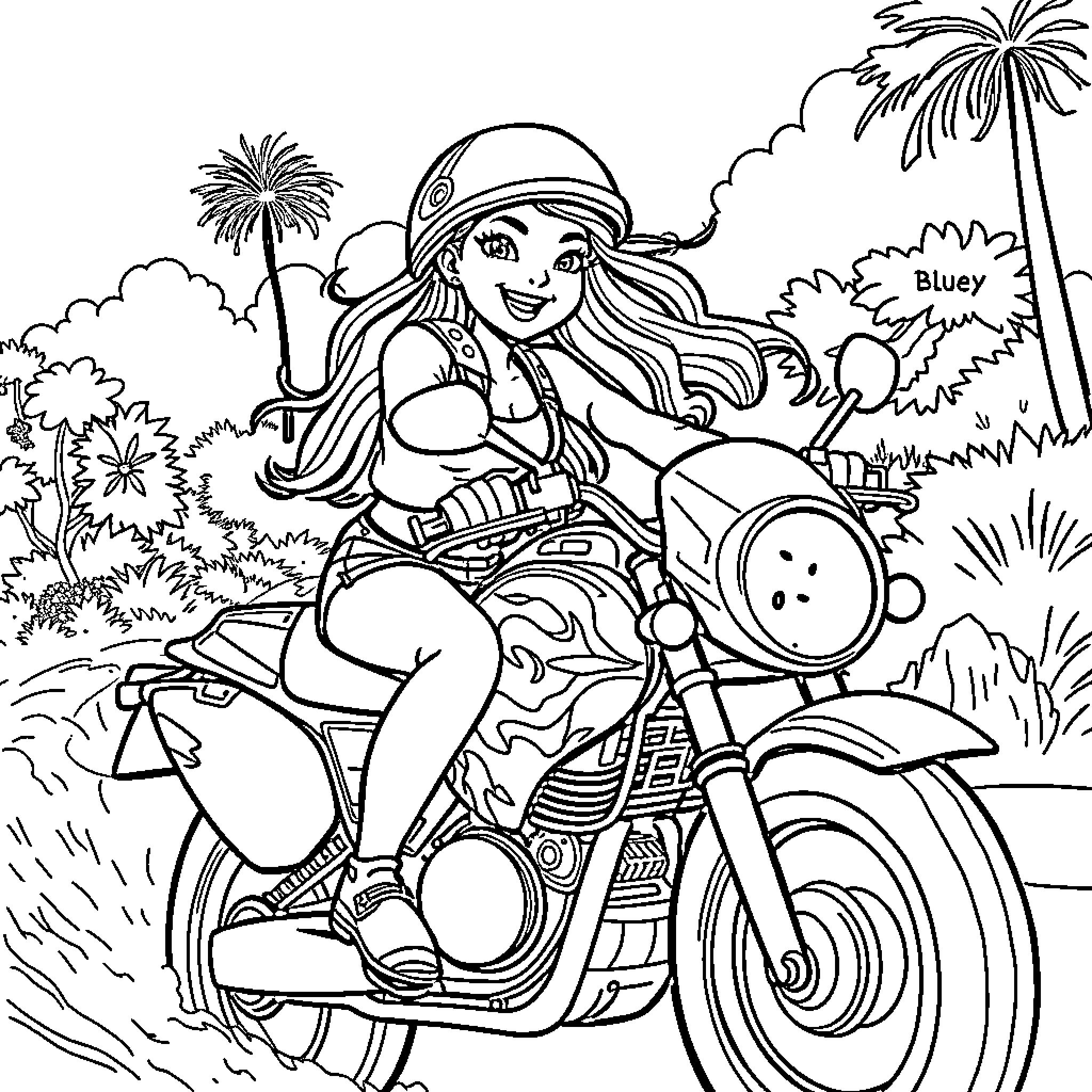 Bluey riding a motorcycle through the jungle Coloring Page (free black-and-white line drawing printable PDF for all, from beginners to advanced learners, including children, teens, adults, and seniors)