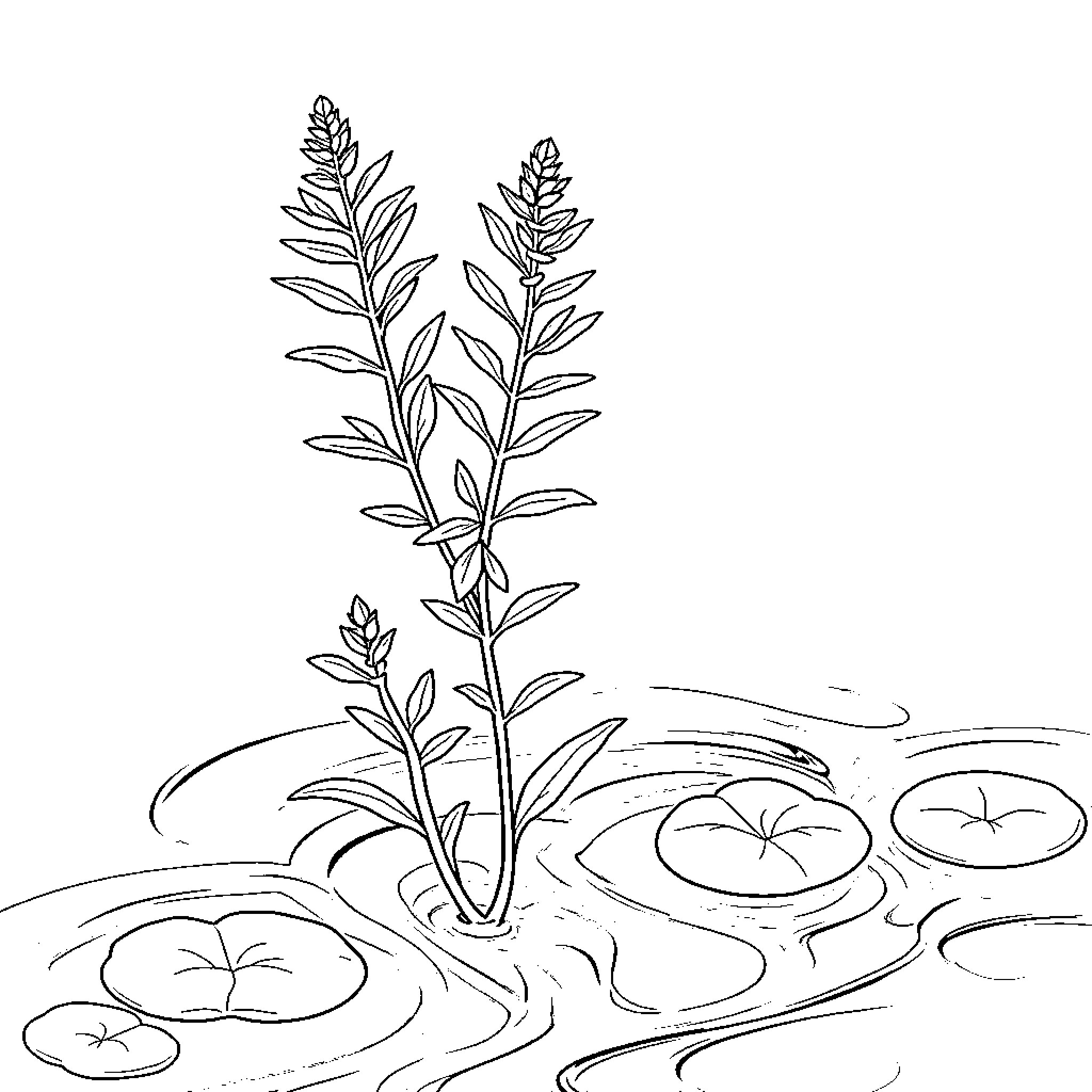 Water Milfoil growing amidst lily pads Coloring Page (free black-and-white line drawing printable PDF for all, from beginners to advanced learners, including children, teens, adults, and seniors)