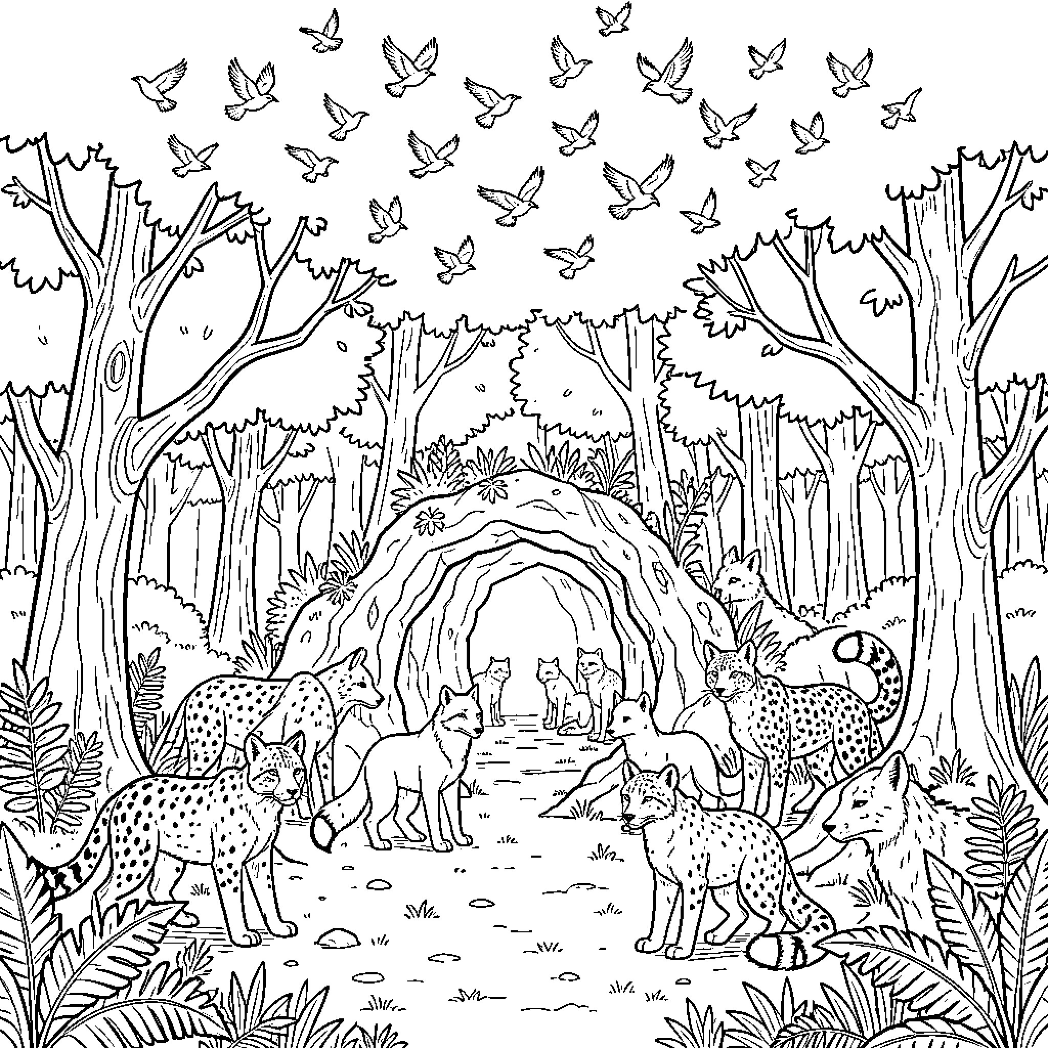 Cueva surrounded by many wild animals in the forest Coloring Page (free black-and-white line drawing printable PDF for all, from beginners to advanced learners, including children, teens, adults, and seniors)