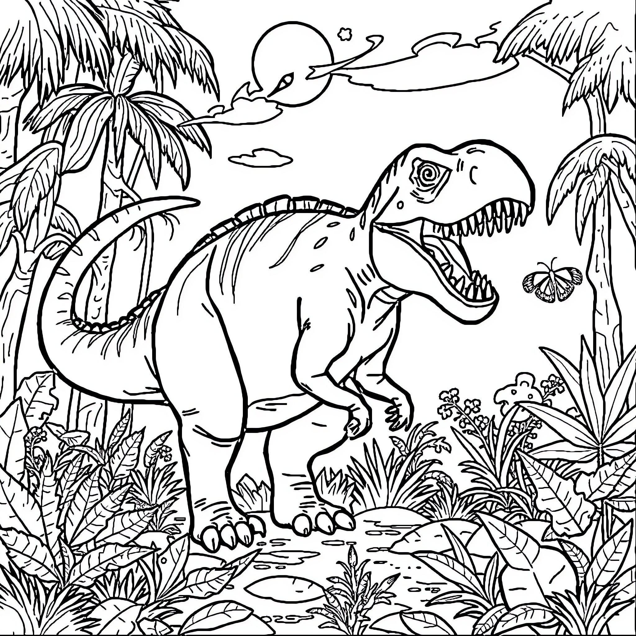 Dinosaur exploring lush prehistoric landscape Coloring Page (free black-and-white line drawing printable PDF for all, from beginners to advanced learners, including children, teens, adults, and seniors)