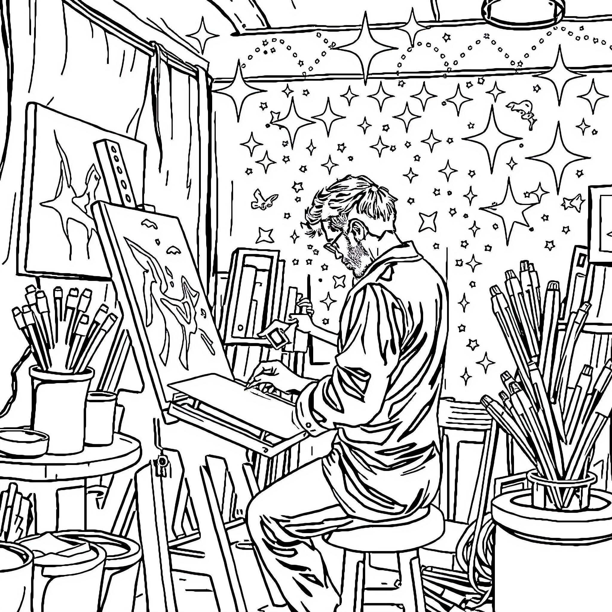 Painter Immersed in Artistic Expression Coloring Page (free black-and-white line drawing printable PDF for all, from beginners to advanced learners, including children, teens, adults, and seniors)