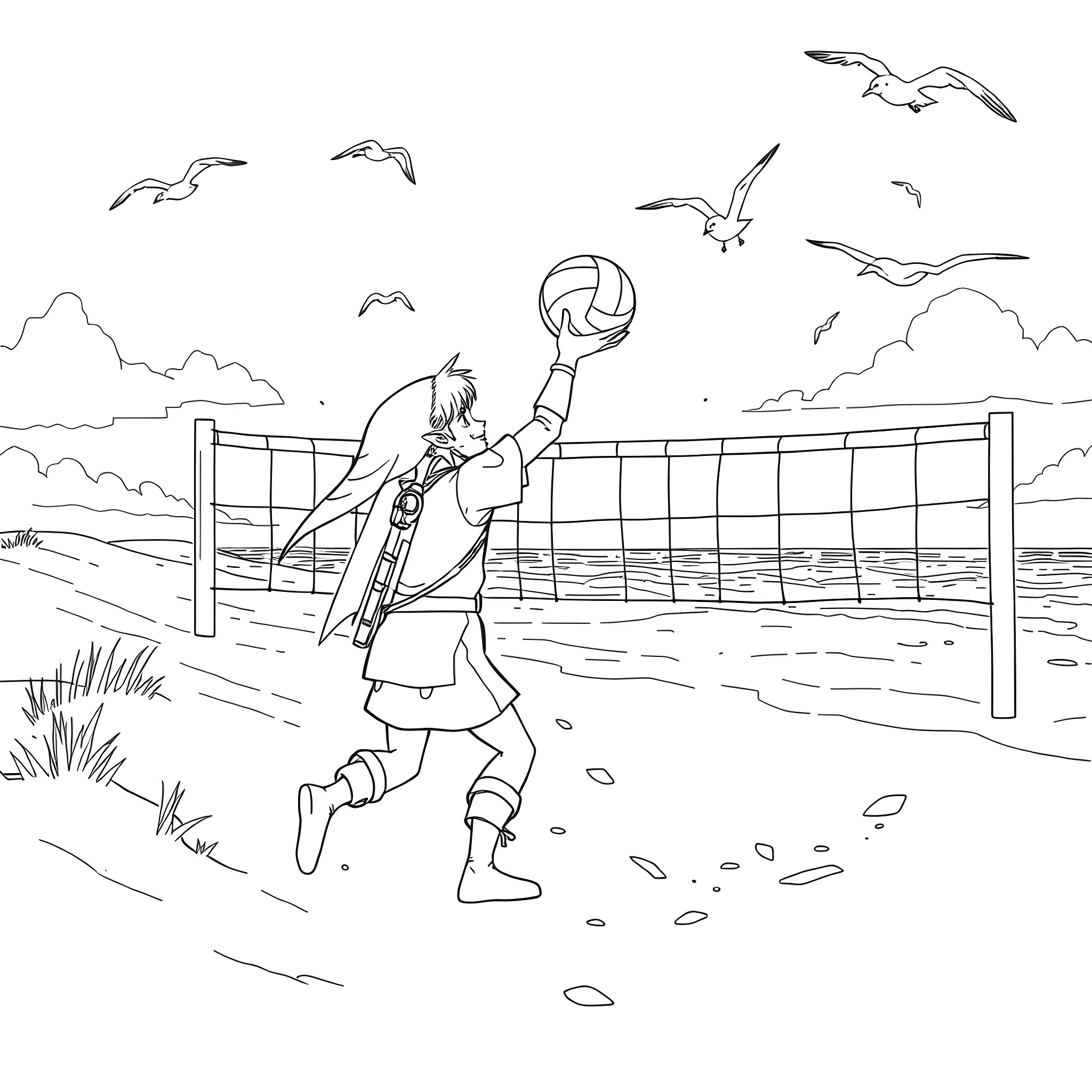 Link playing volleyball on the beach Coloring Page (free black-and-white line drawing printable PDF for all, from beginners to advanced learners, including children, teens, adults, and seniors)