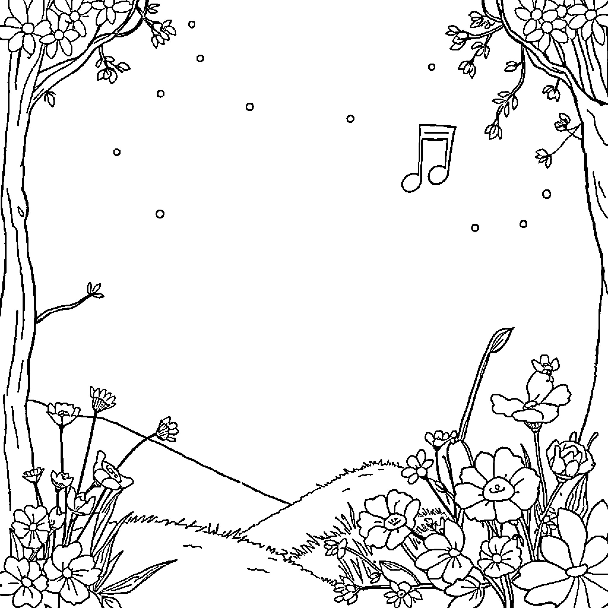 Song of the Meadow Flowers Coloring Page (free black-and-white line drawing printable PDF for all, from beginners to advanced learners, including children, teens, adults, and seniors)