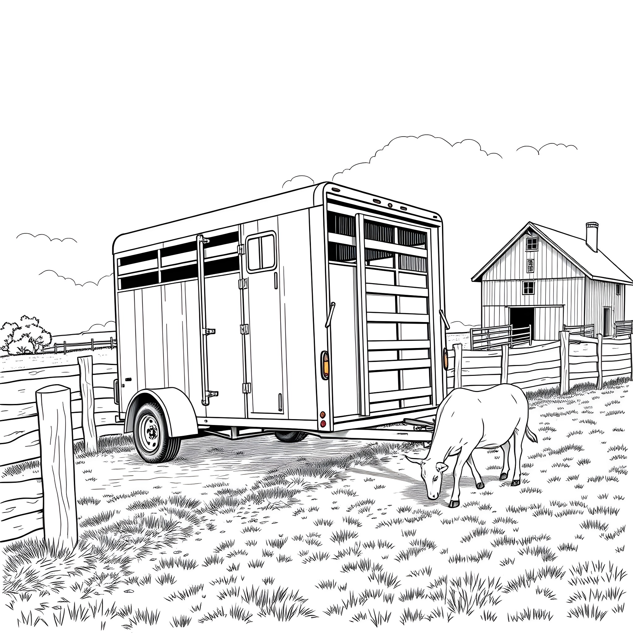 Gooseneck Trailer carrying livestock on a rural farm Coloring Page (free black-and-white line drawing printable PDF for all, from beginners to advanced learners, including children, teens, adults, and seniors)