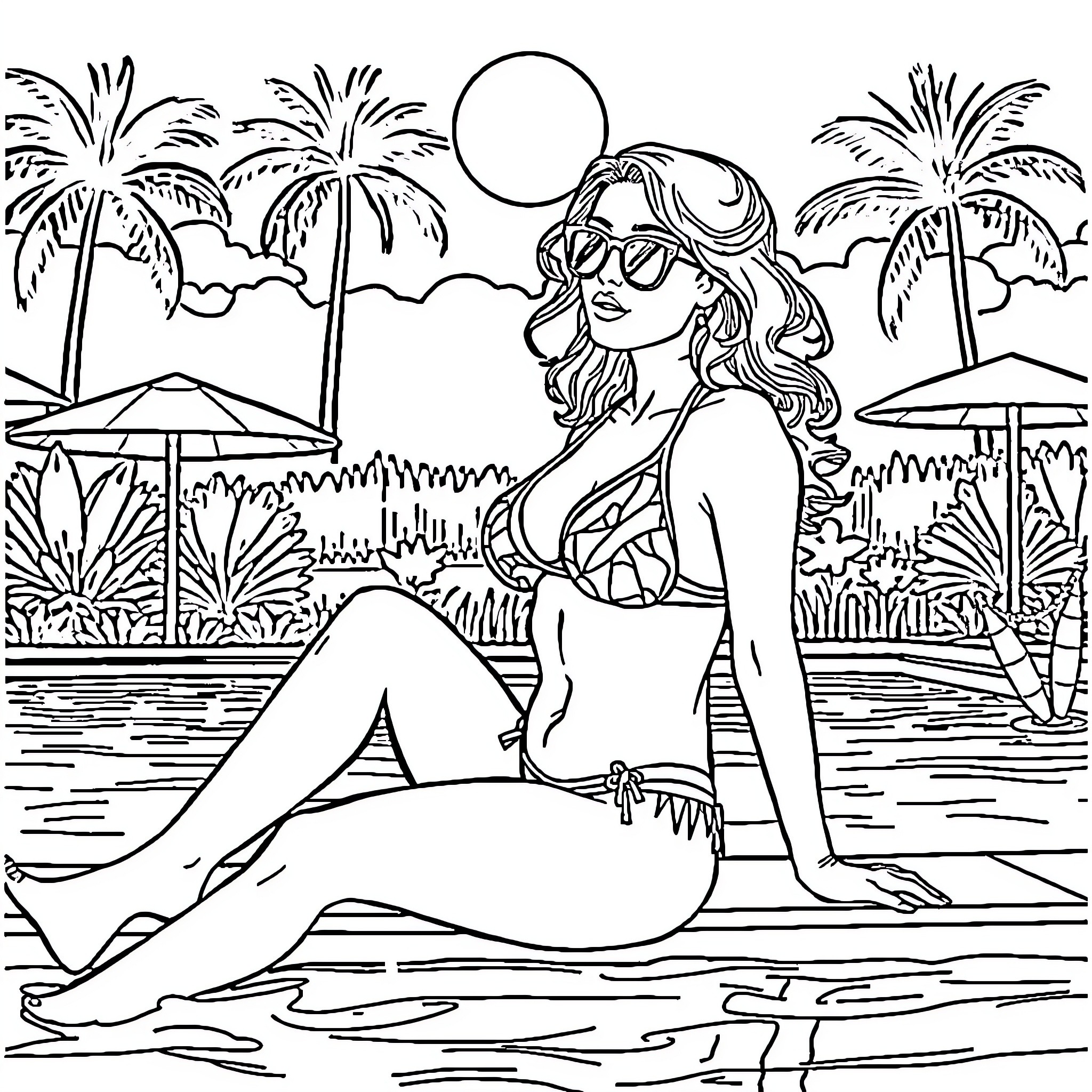 Woman relaxing by the pool with tropical scenery Coloring Page (free black-and-white line drawing printable PDF for all, from beginners to advanced learners, including children, teens, adults, and seniors)