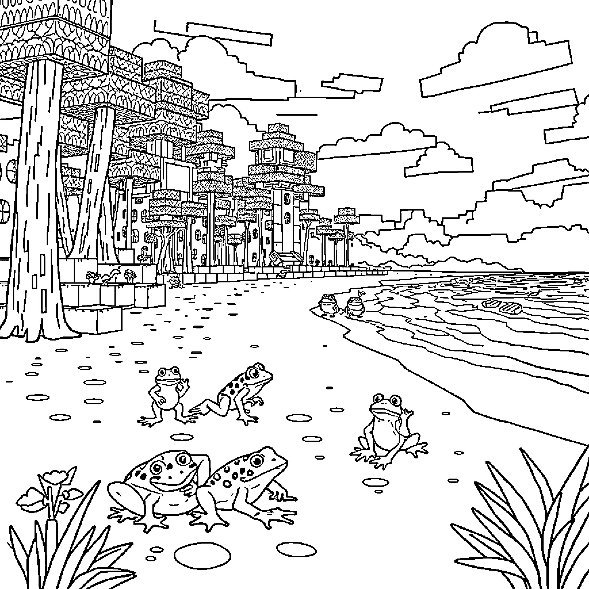 Frogs enjoying the beach near a fantastical city Coloring Page (free black-and-white line drawing printable PDF for all, from beginners to advanced learners, including children, teens, adults, and seniors)