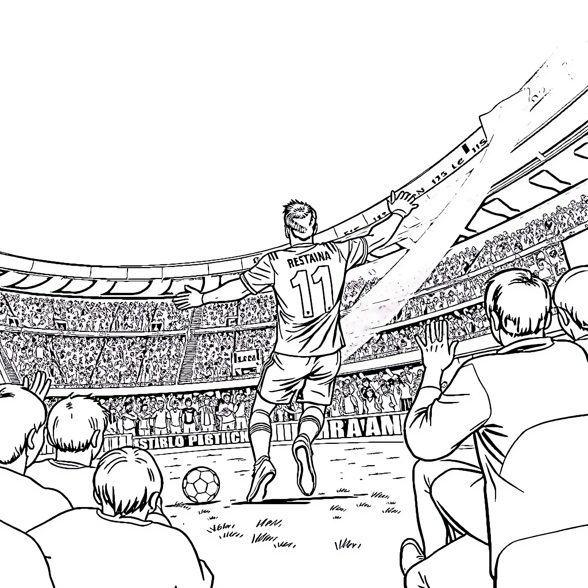 Cristiano celebrating goal in stadium filled with fans Coloring Page (free black-and-white line drawing printable PDF for all, from beginners to advanced learners, including children, teens, adults, and seniors)