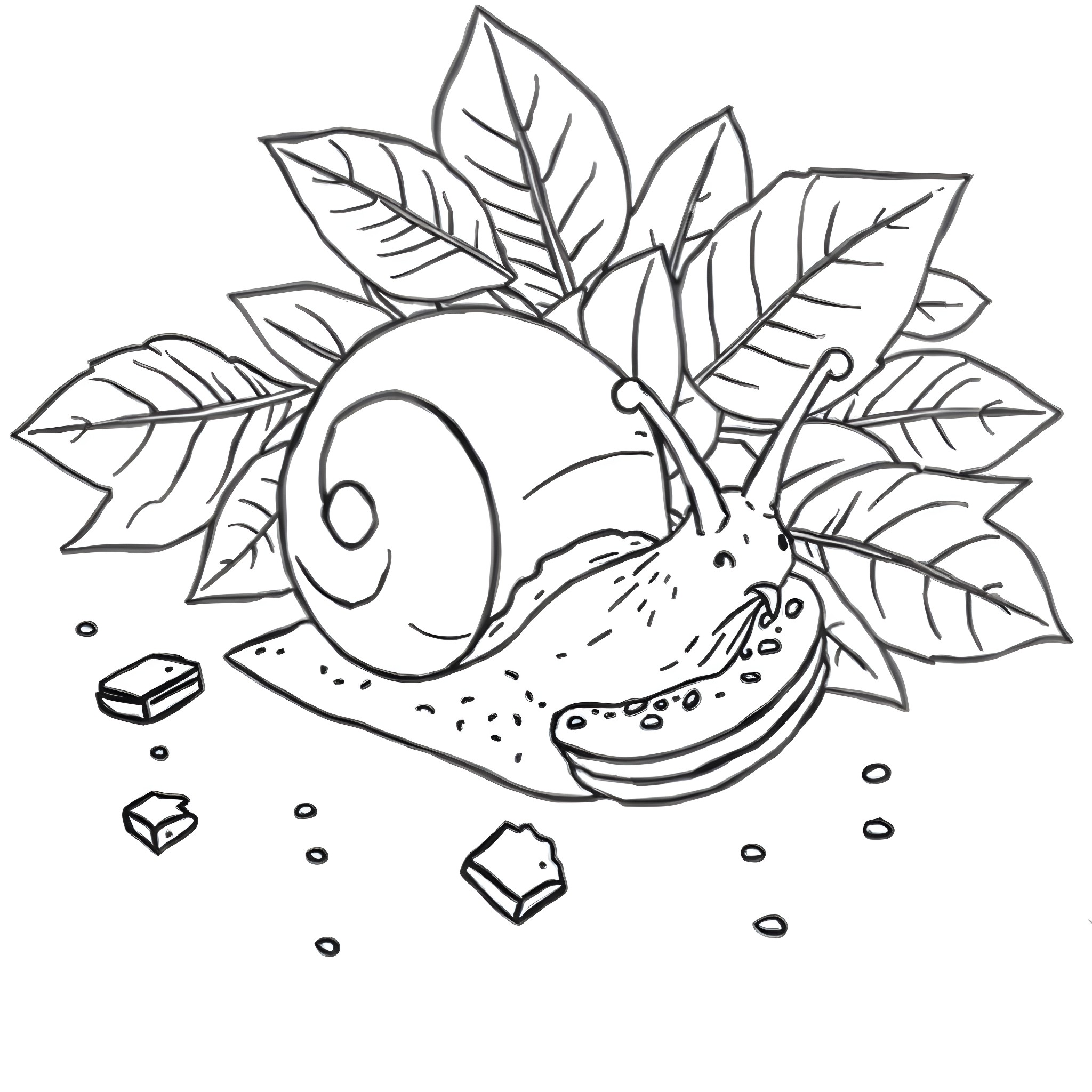 Snail resting peacefully among leaves Coloring Page (free black-and-white line drawing printable PDF for all, from beginners to advanced learners, including children, teens, adults, and seniors)