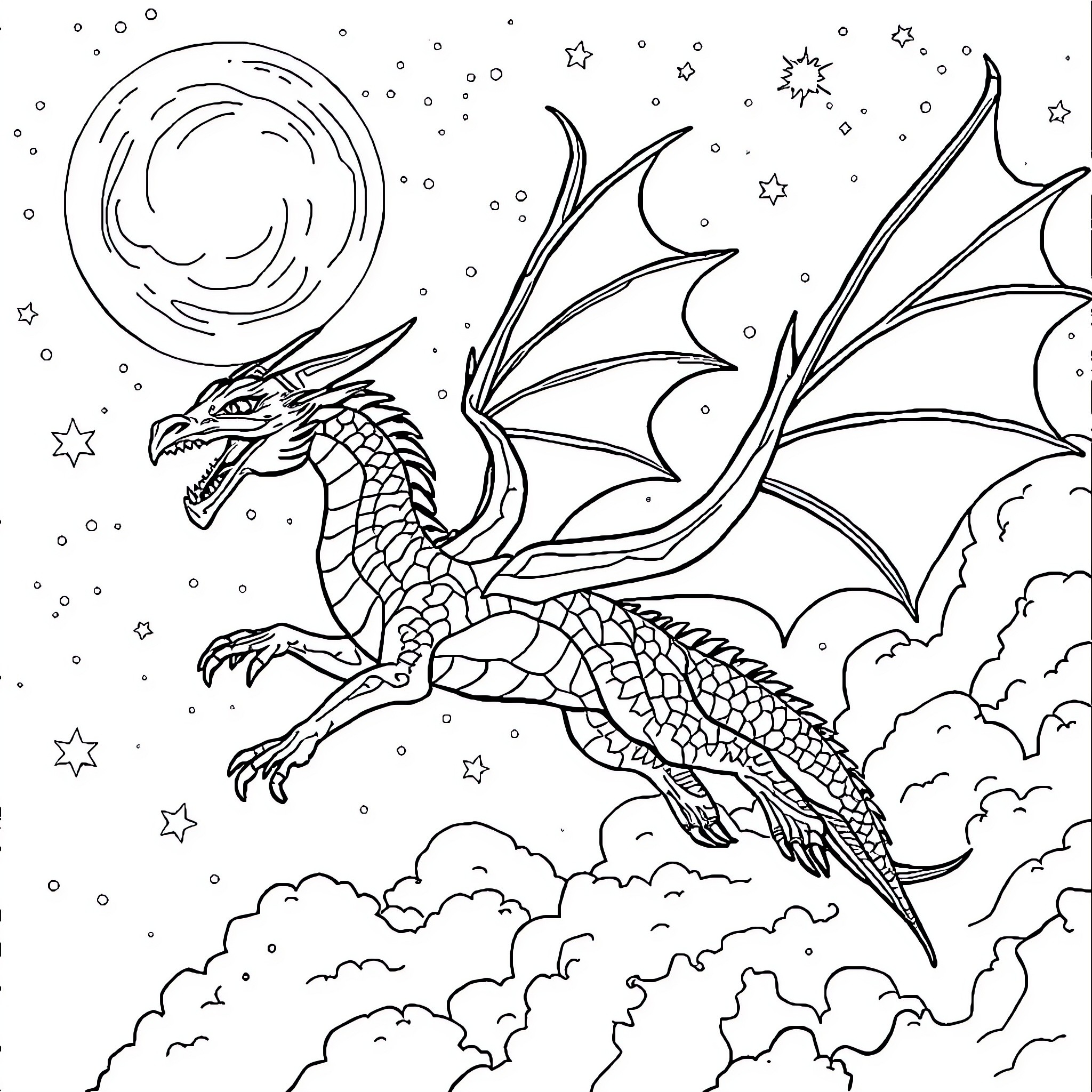 Dragon soaring through the night sky Coloring Page (free black-and-white line drawing printable PDF for all, from beginners to advanced learners, including children, teens, adults, and seniors)