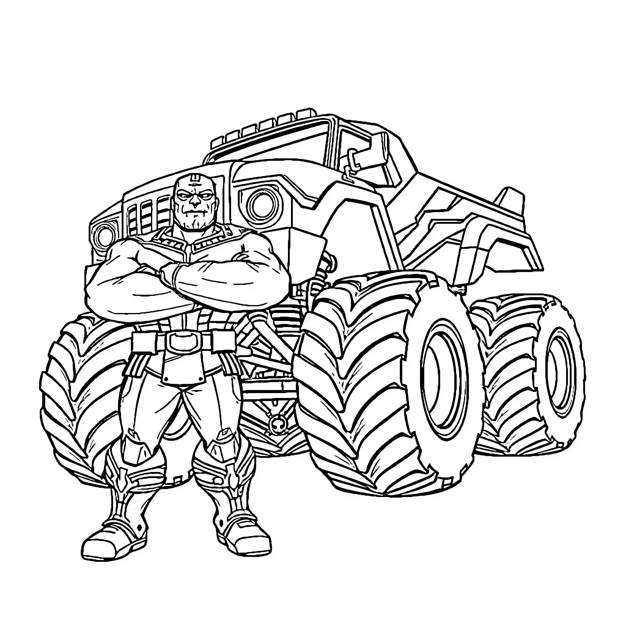 Thanos Commanding a Monstrous Off-Road Vehicle Coloring Page (free black-and-white line drawing printable PDF for all, from beginners to advanced learners, including children, teens, adults, and seniors)