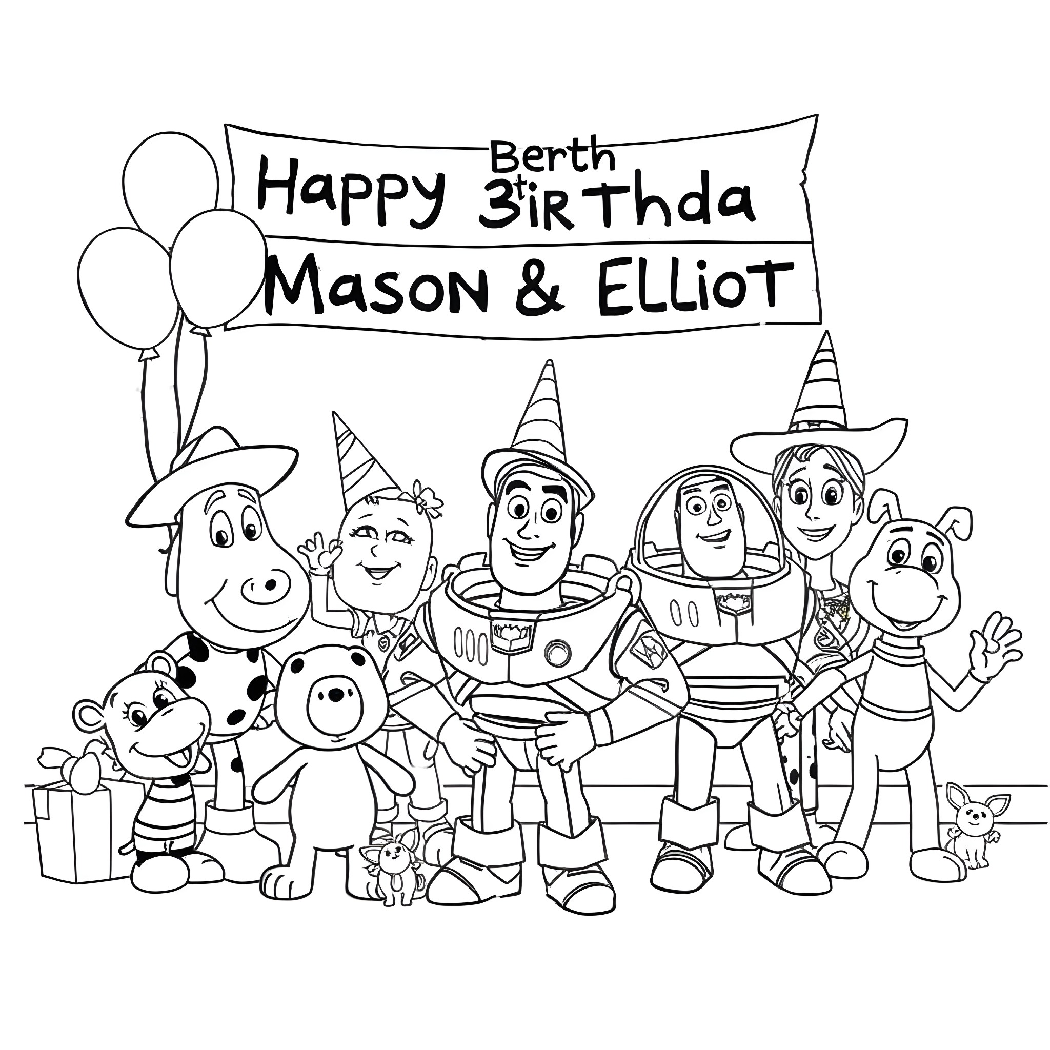 Toy Story Characters Celebrating Birthday for Mason & Elliot Coloring Page (free black-and-white line drawing printable PDF for all, from beginners to advanced learners, including children, teens, adults, and seniors)