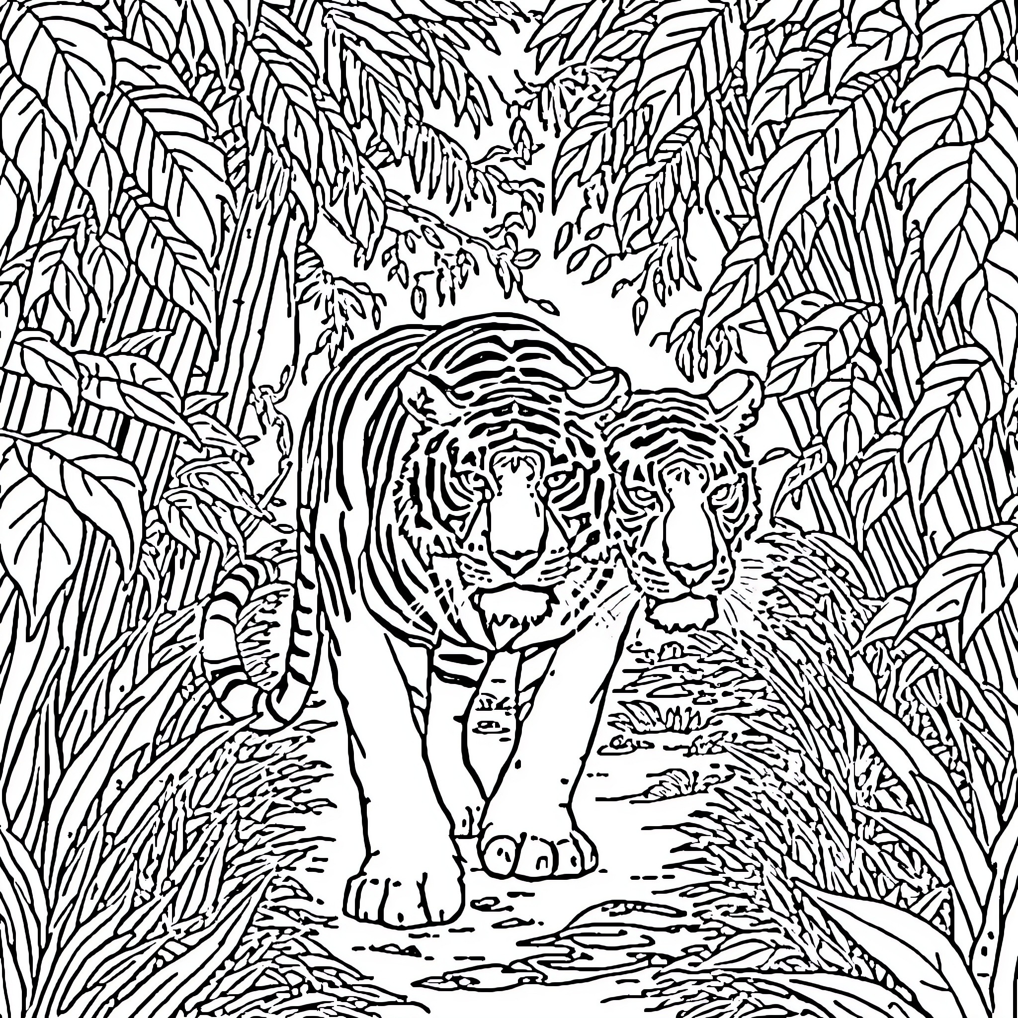 Tigers Prowling Through Lush Jungle Foliage Coloring Page (free black-and-white line drawing printable PDF for all, from beginners to advanced learners, including children, teens, adults, and seniors)