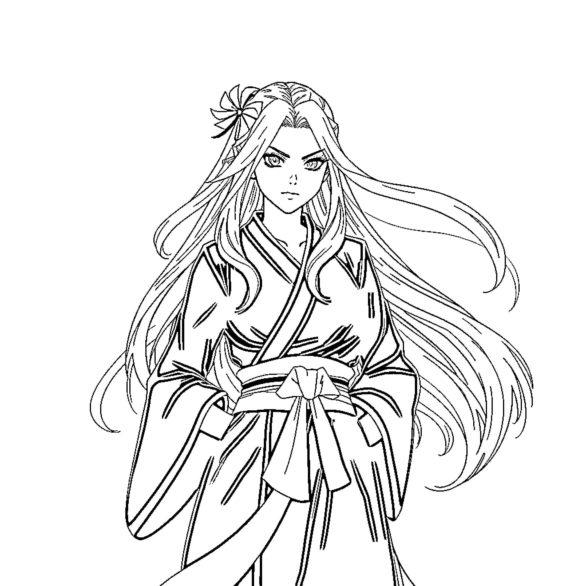 Tsunade in Traditional Japanese Attire Coloring Page (free black-and-white line drawing printable PDF for all, from beginners to advanced learners, including children, teens, adults, and seniors)